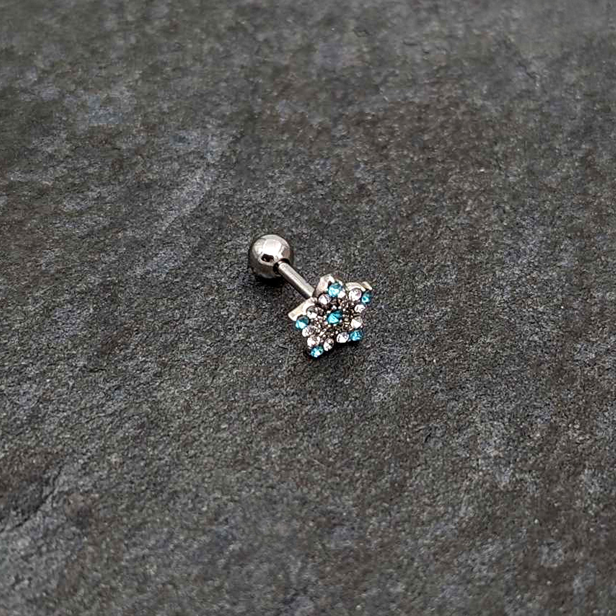 16G 1/4 Blue Clear Gem Opulent Flower Cartilage Tragus Earring