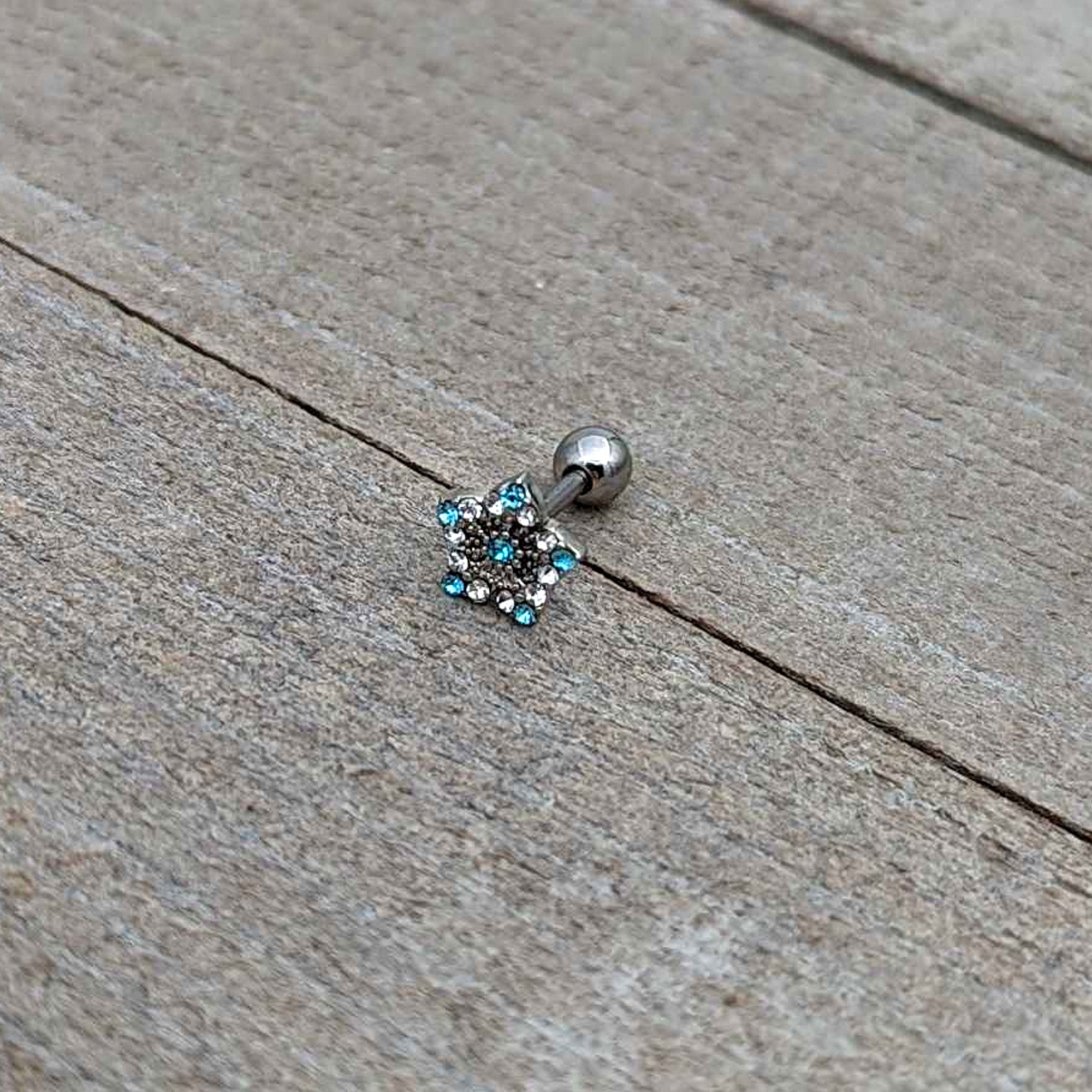 16G 1/4 Blue Clear Gem Opulent Flower Cartilage Tragus Earring