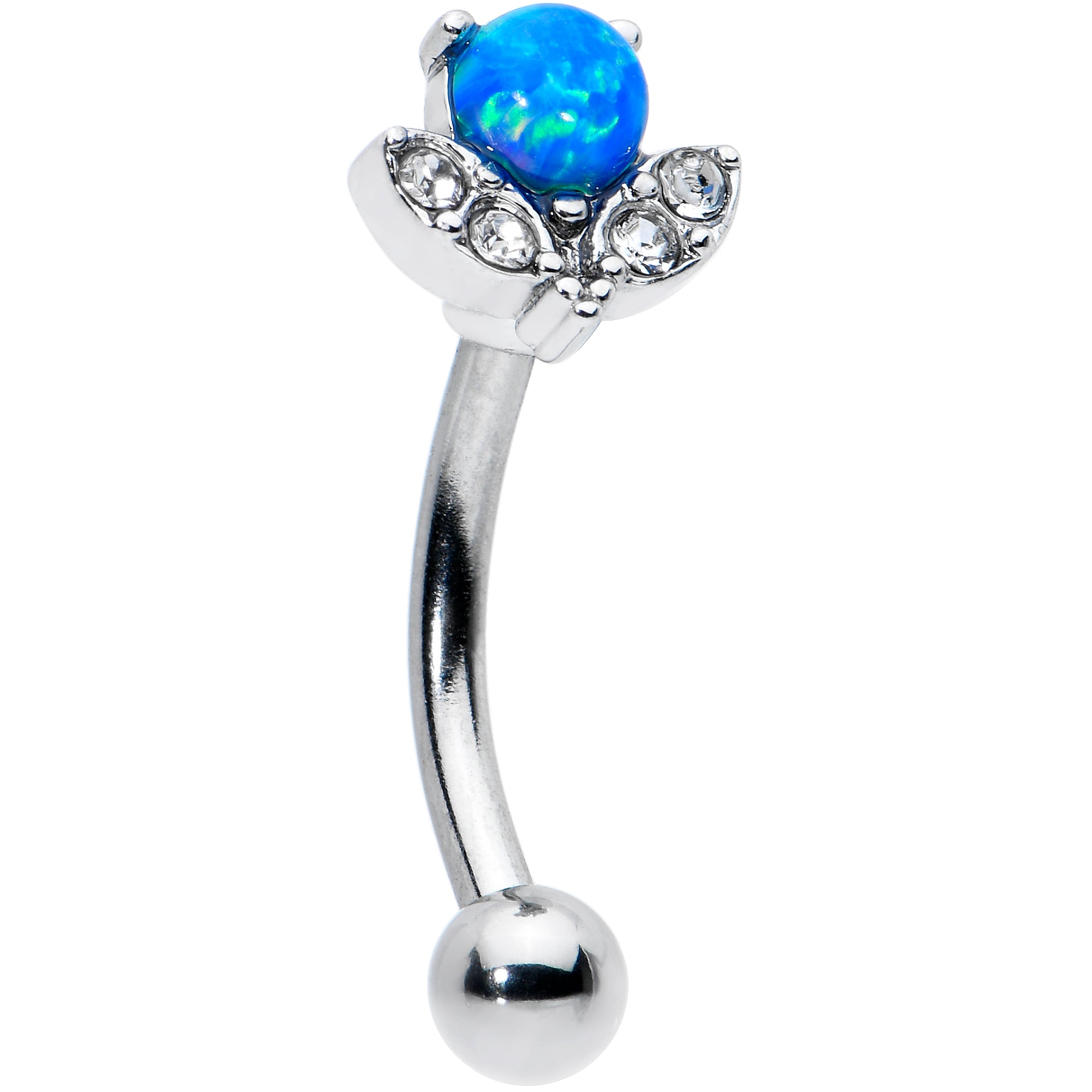 16G 5/16 Clear Gem Blue Faux Opal Style Flower Curved Eyebrow Ring