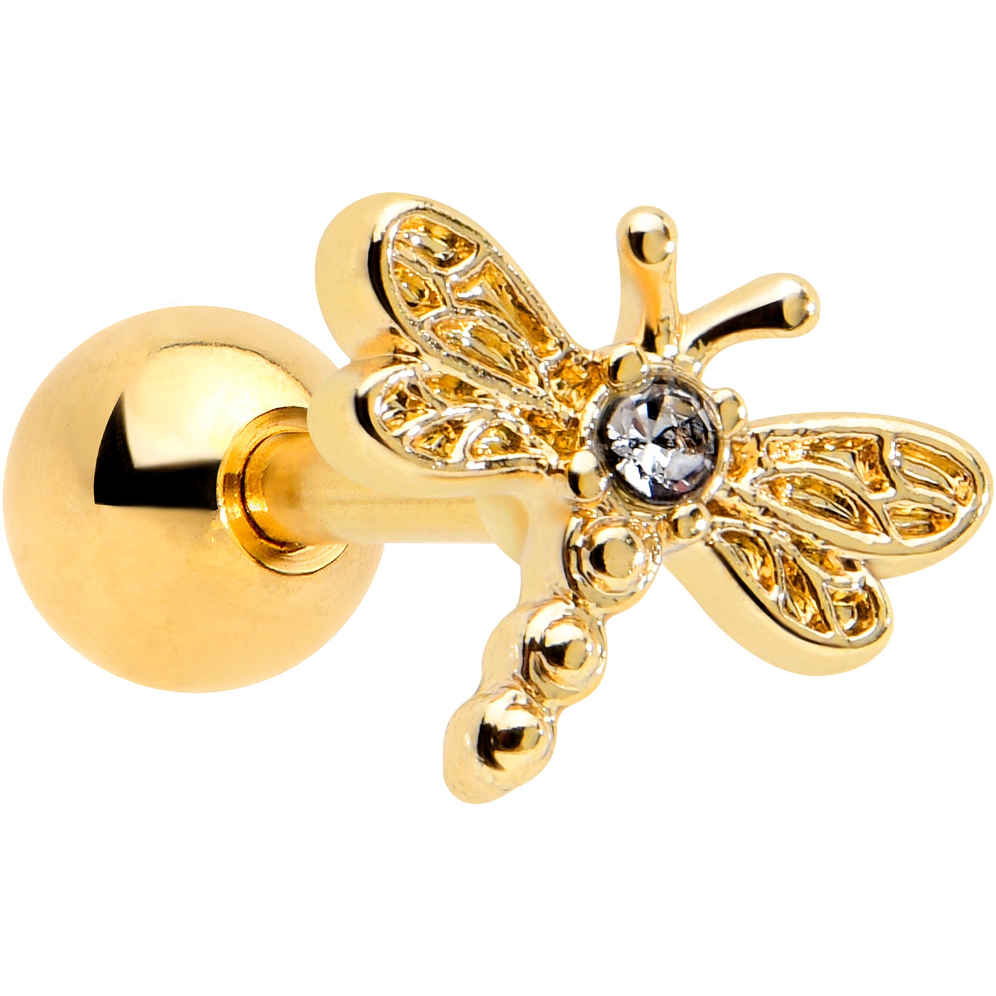 16G 1/4 Clear Gem Gold Tone Flying Dragonfly Cartilage Earring