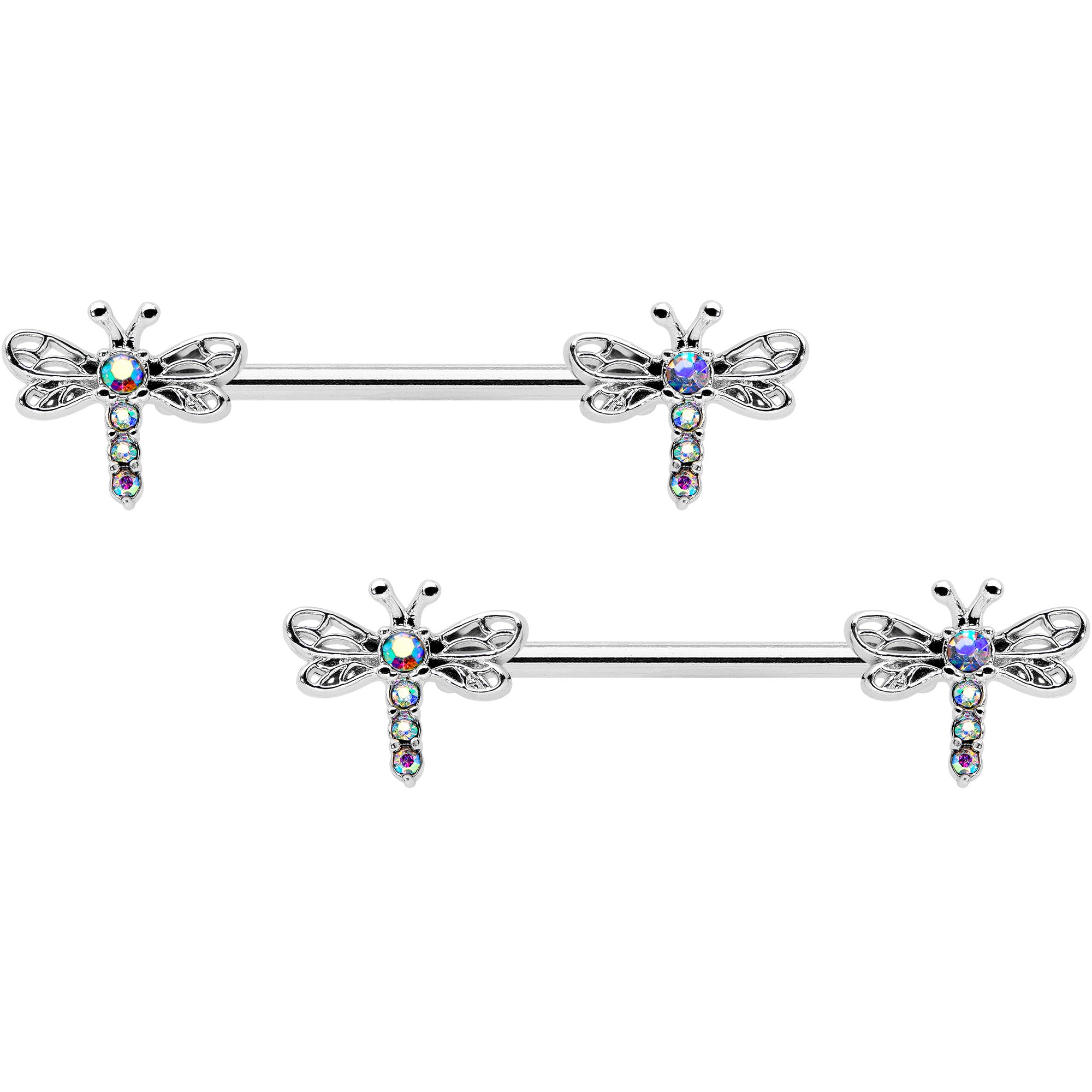 14G 9/16 Aurora Gem Ornate Dragonflies Barbell Nipple Ring Set