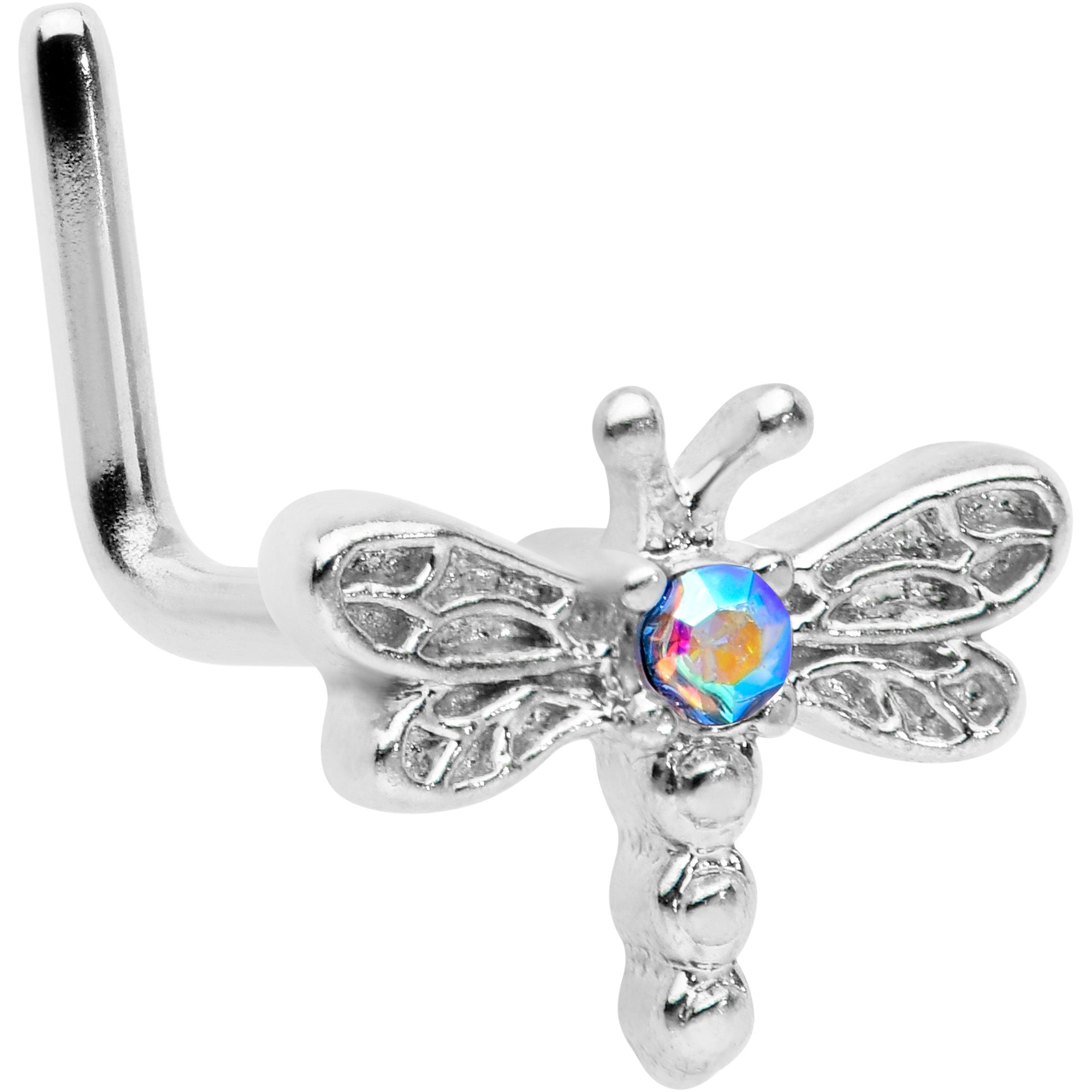 20G 7mm Aurora Gem Ornate Dragonfly L Shape Nose Ring