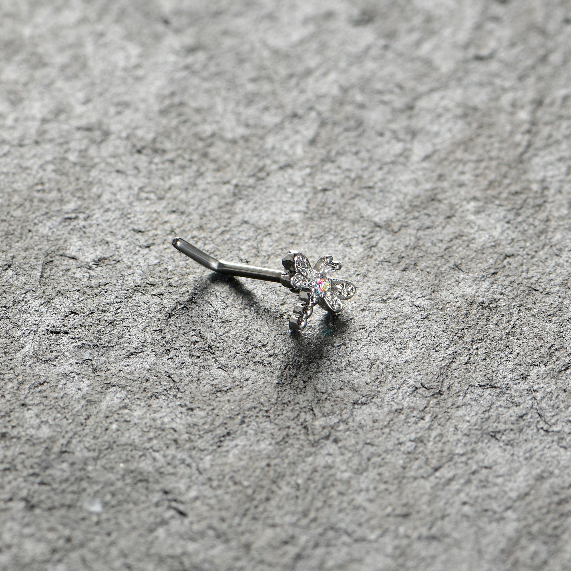 20G 7mm Aurora Gem Ornate Dragonfly L Shape Nose Ring