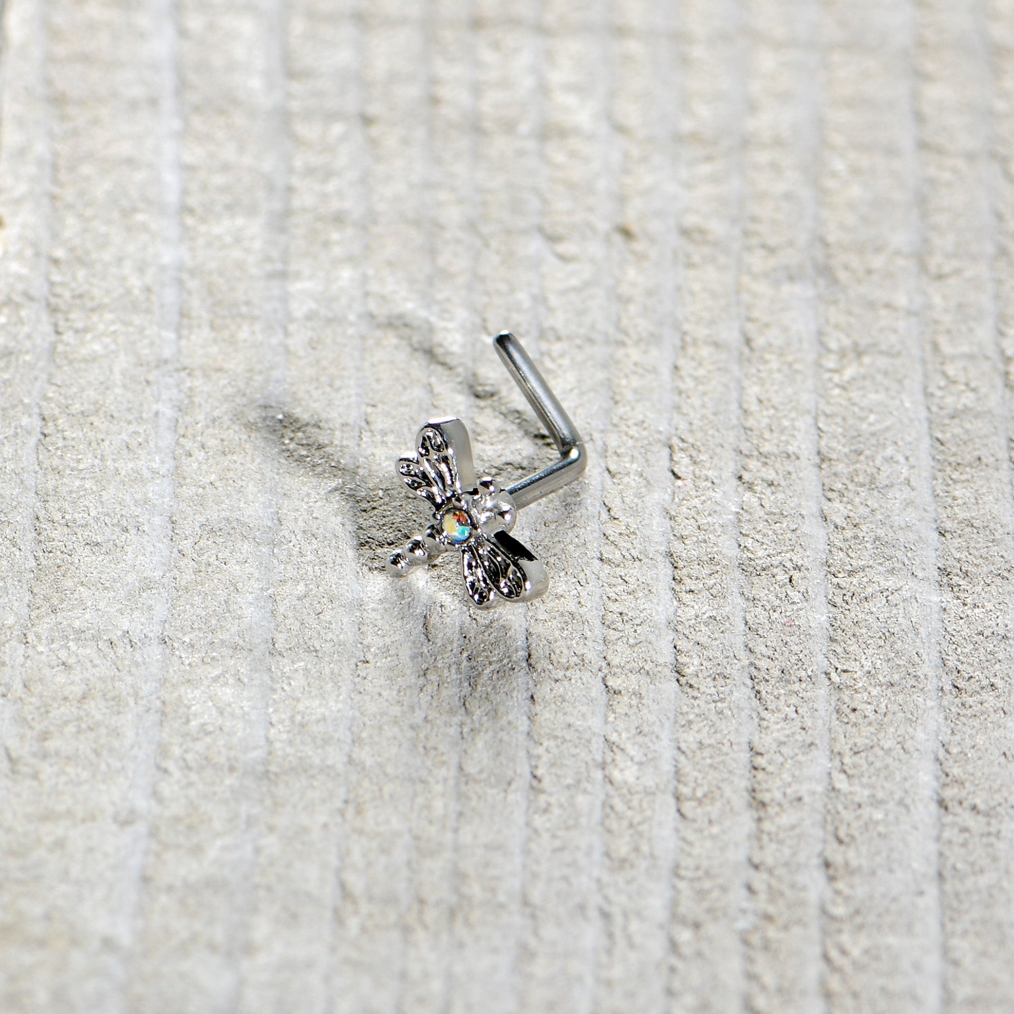 20G 7mm Aurora Gem Ornate Dragonfly L Shape Nose Ring