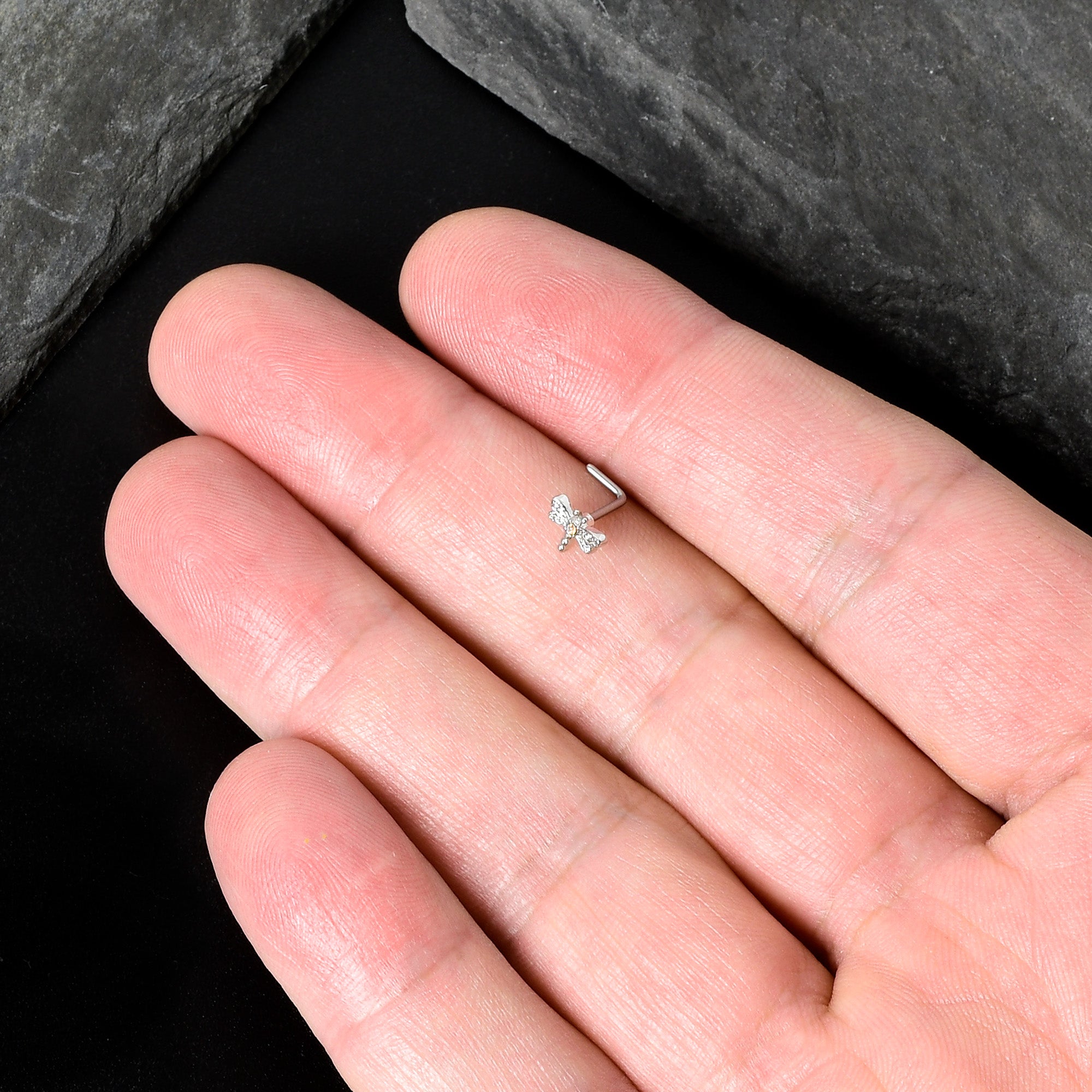 20G 7mm Aurora Gem Ornate Dragonfly L Shape Nose Ring