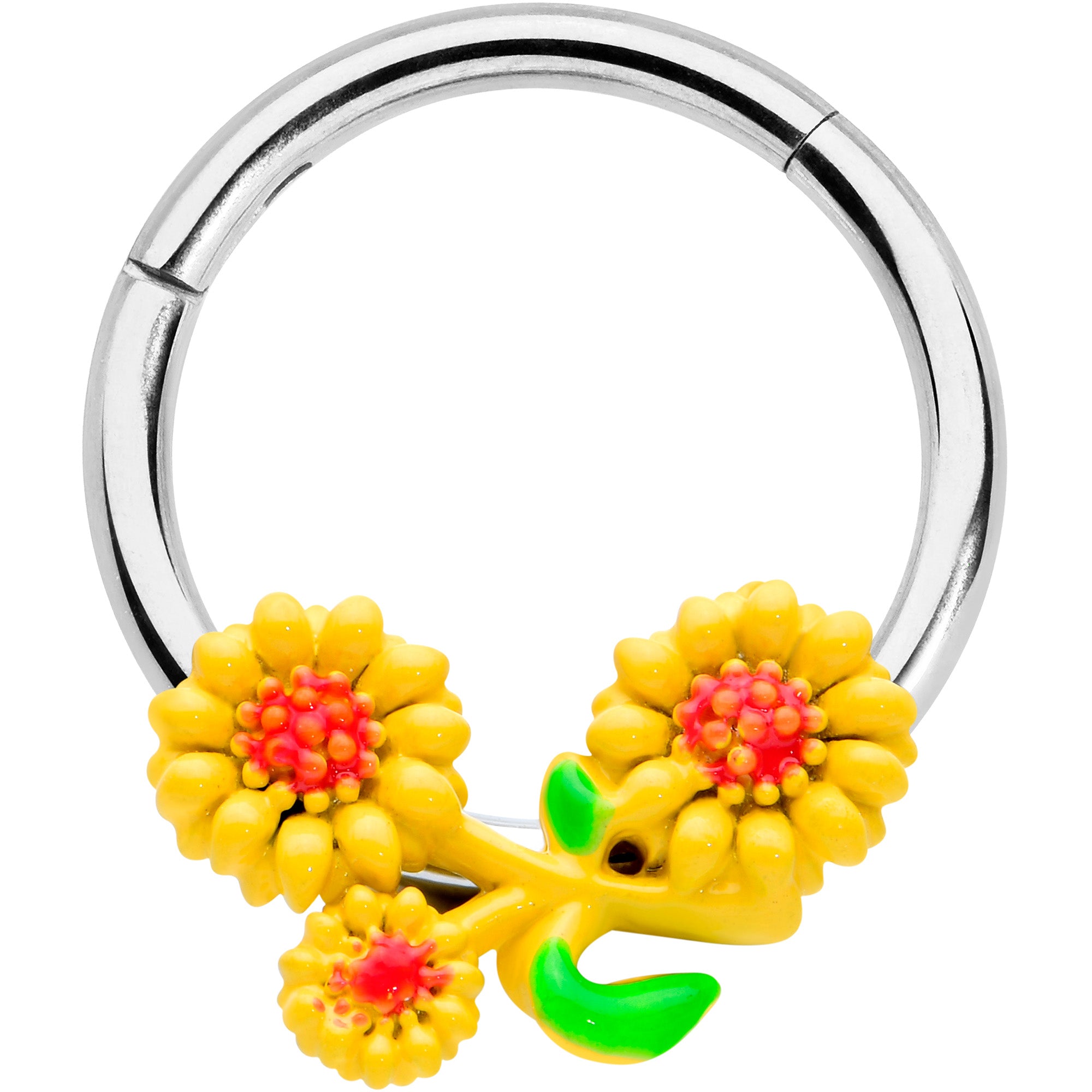 16G 3/8 Happy Yellow Sunflower Trio Hinged Segment Ring