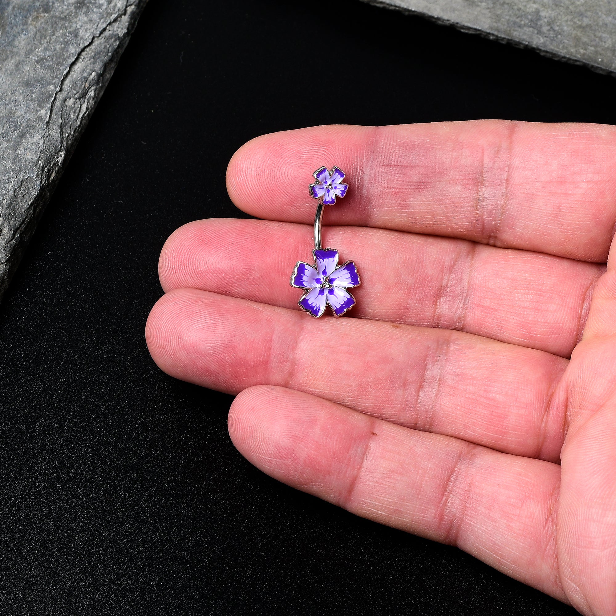 Purple Flower Textured Center Double Mount Belly Ring