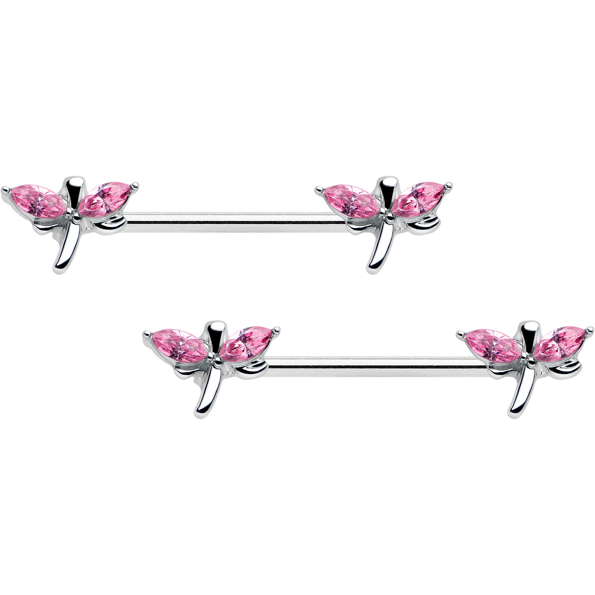 14G 5/8 Pink Gem Simple Styled Dragonfly Barbell Nipple Ring Set