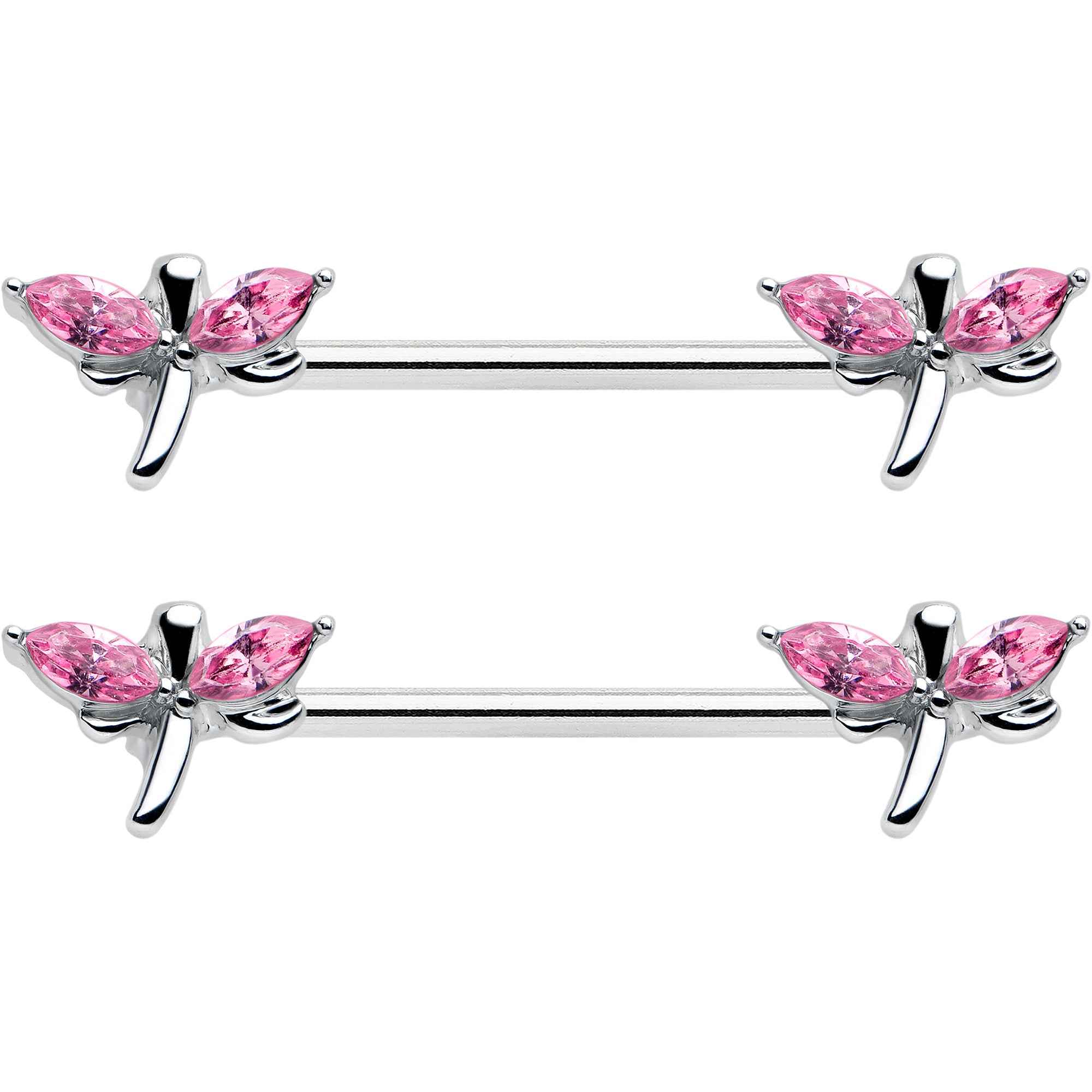 14G 5/8 Pink Gem Simple Styled Dragonfly Barbell Nipple Ring Set