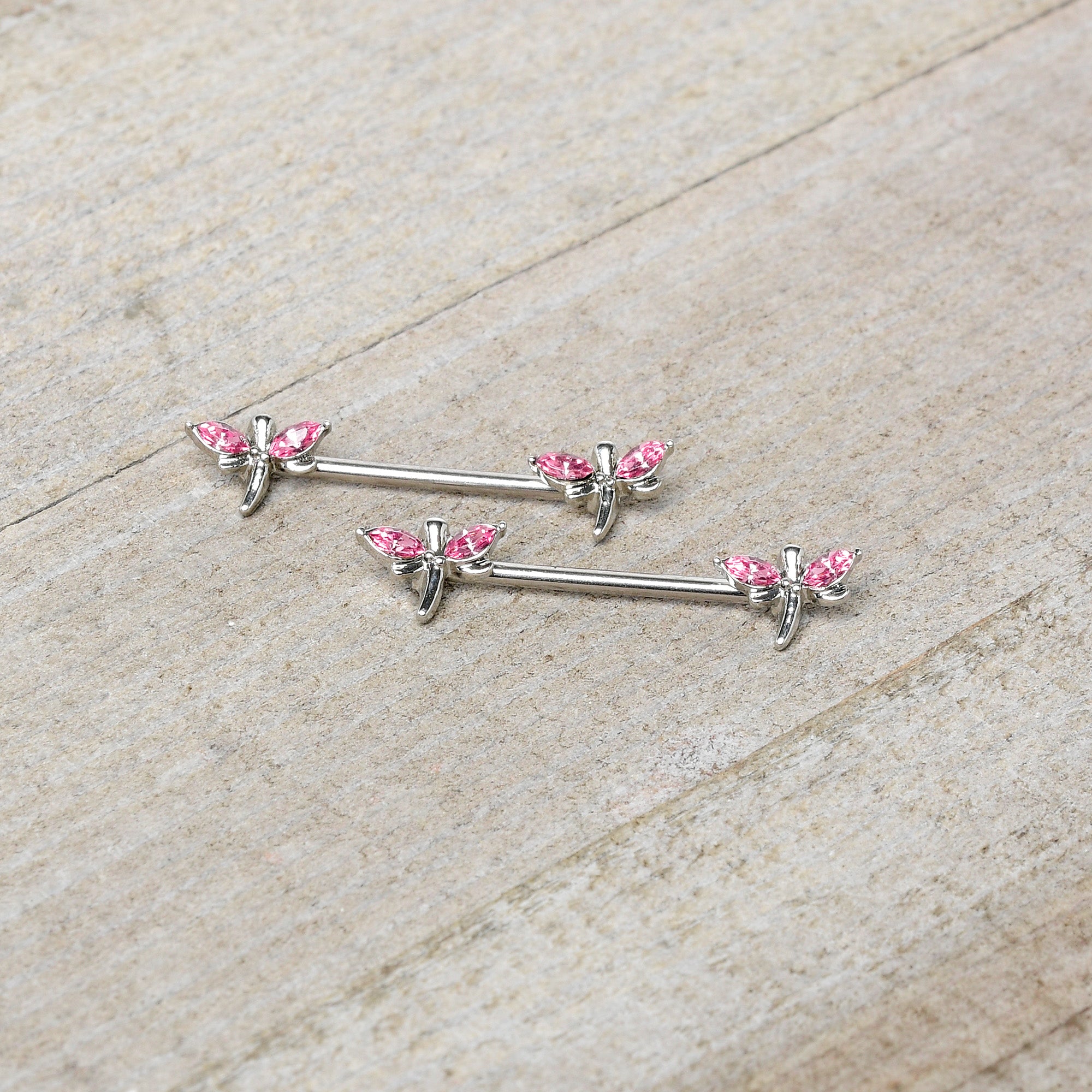 14G 5/8 Pink Gem Simple Styled Dragonfly Barbell Nipple Ring Set