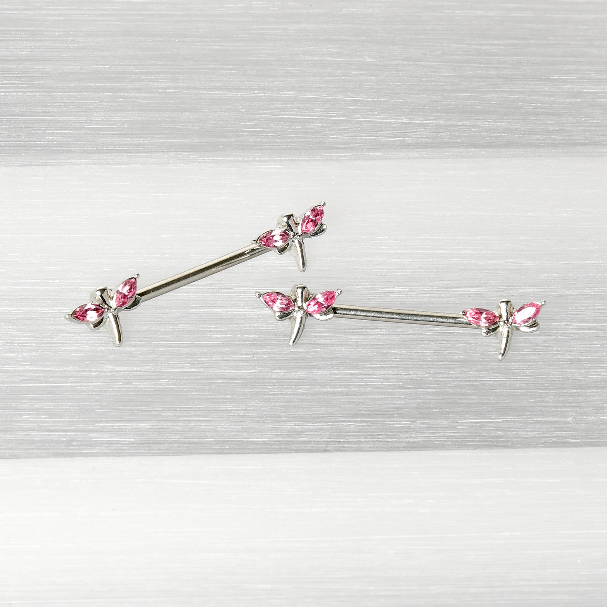 14G 5/8 Pink Gem Simple Styled Dragonfly Barbell Nipple Ring Set