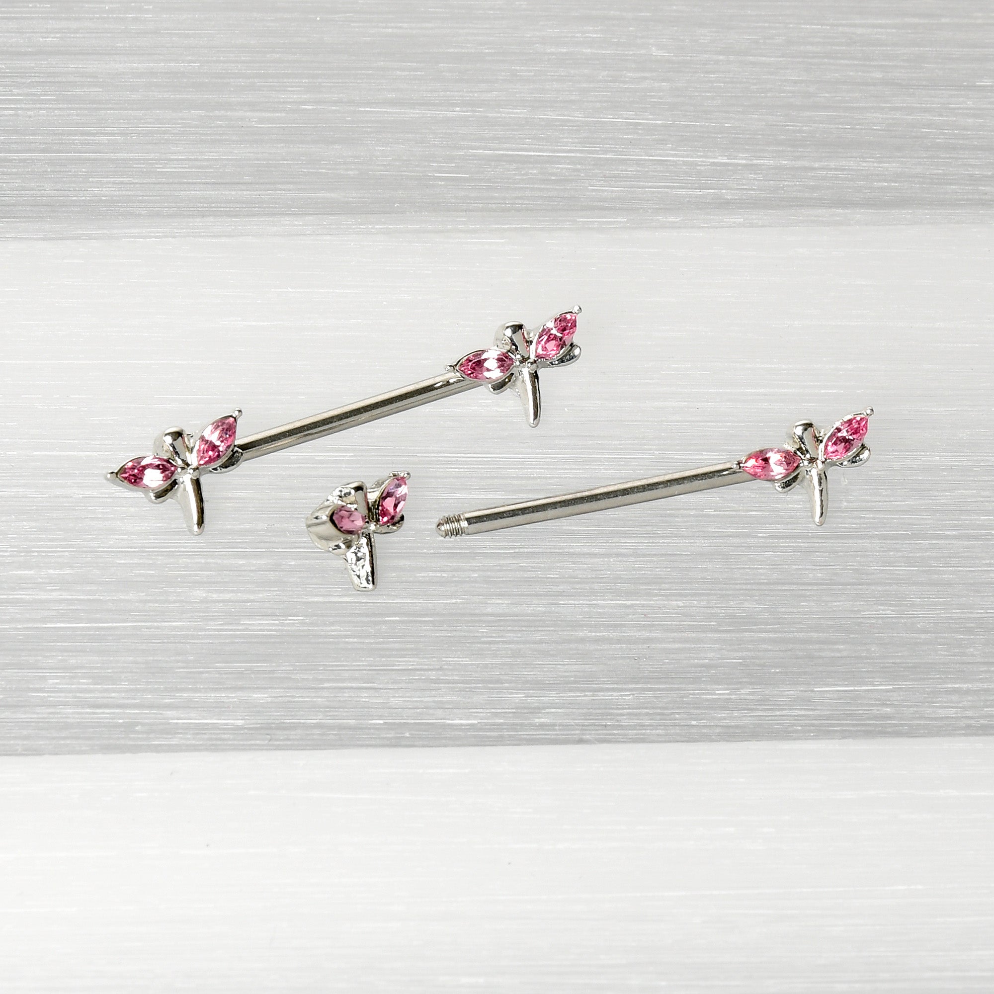 14G 5/8 Pink Gem Simple Styled Dragonfly Barbell Nipple Ring Set