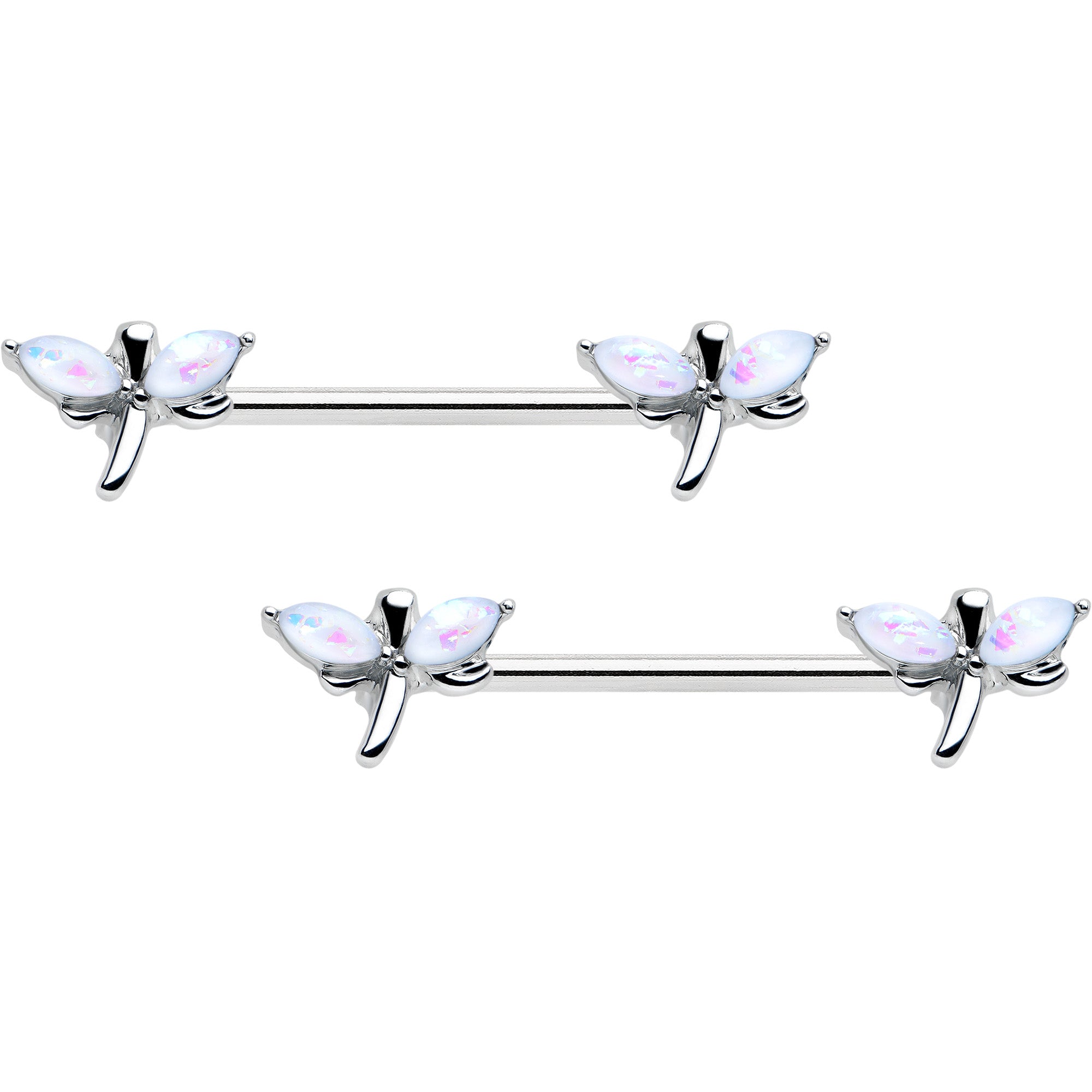 14G 5/8 White Faux Opal Styled Dragonfly Barbell Nipple Ring Set