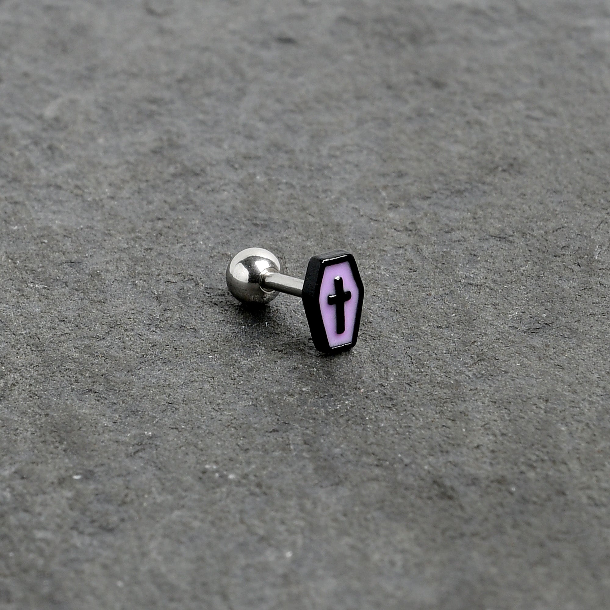 16G 1/4 Creepy Coffin Lt Purple Glow in Dark Cartilage Earring
