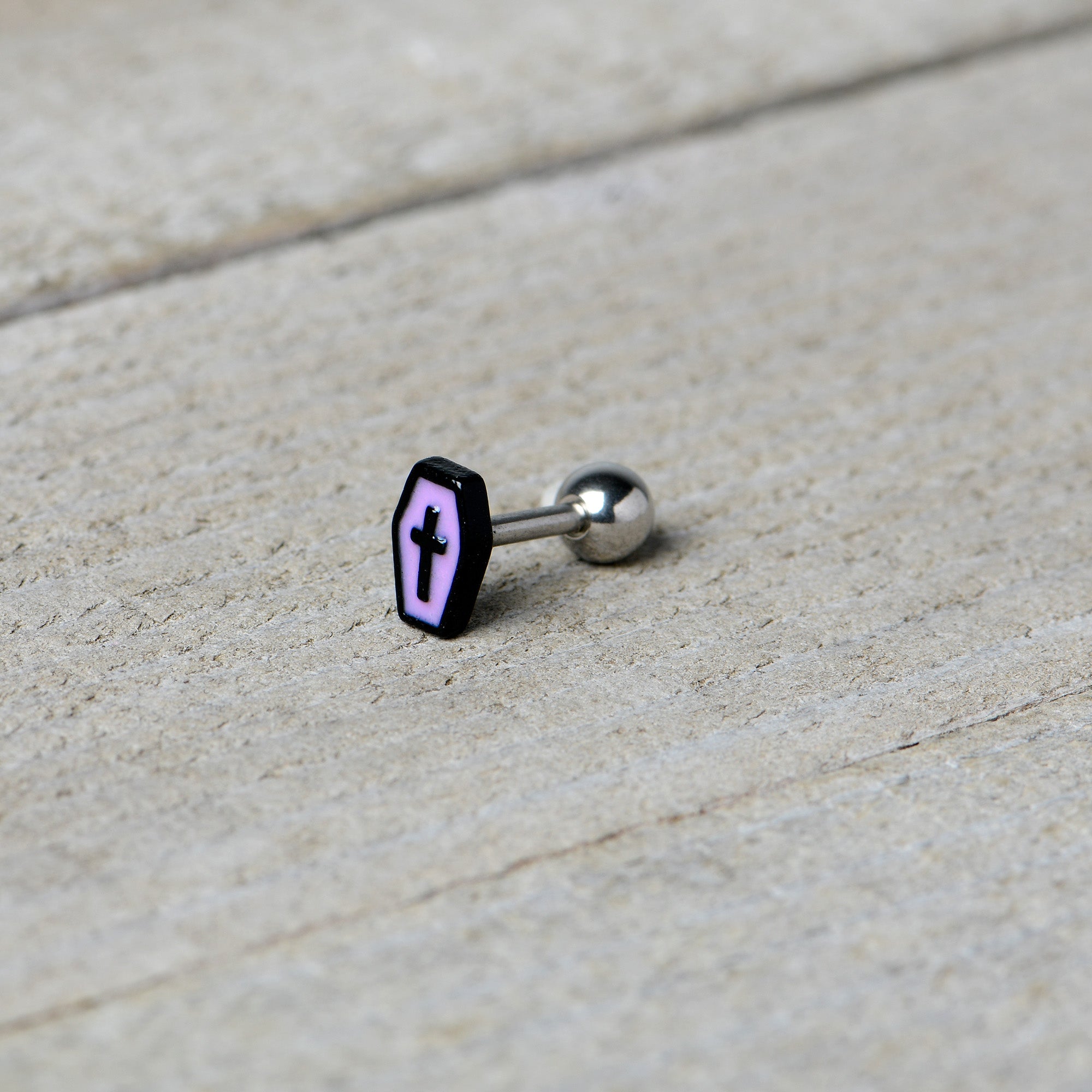 16G 1/4 Creepy Coffin Lt Purple Glow in Dark Cartilage Earring