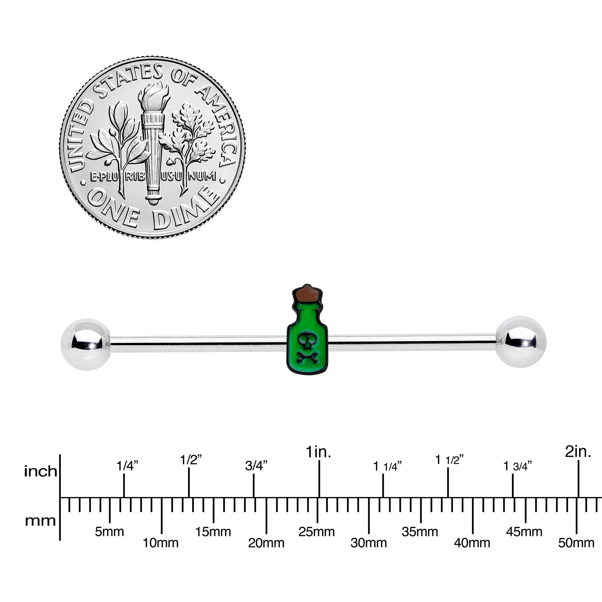 14G Poison Green Bottle Glow in the Dark Industrial Barbell 38mm