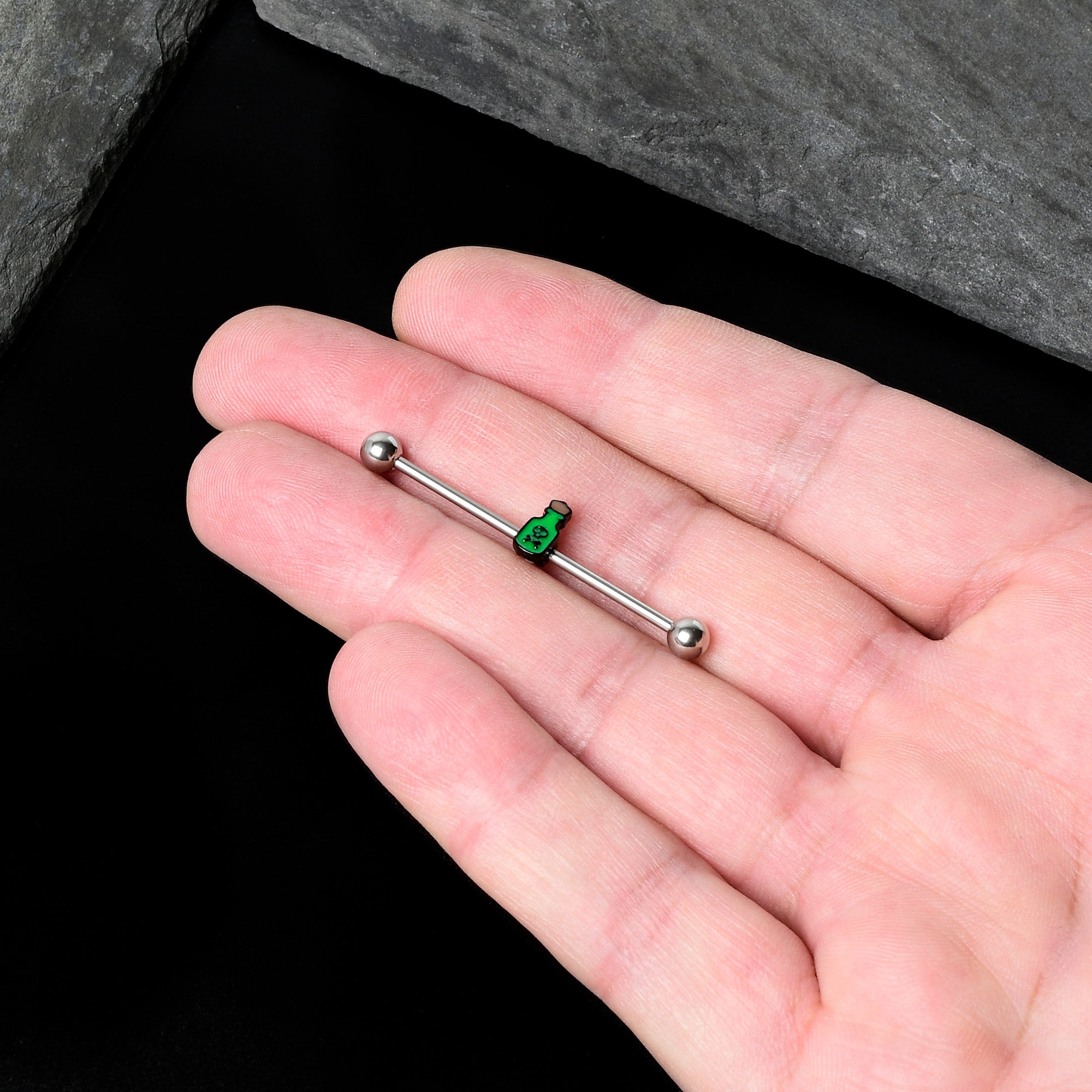 14G Poison Green Bottle Glow in the Dark Industrial Barbell 38mm