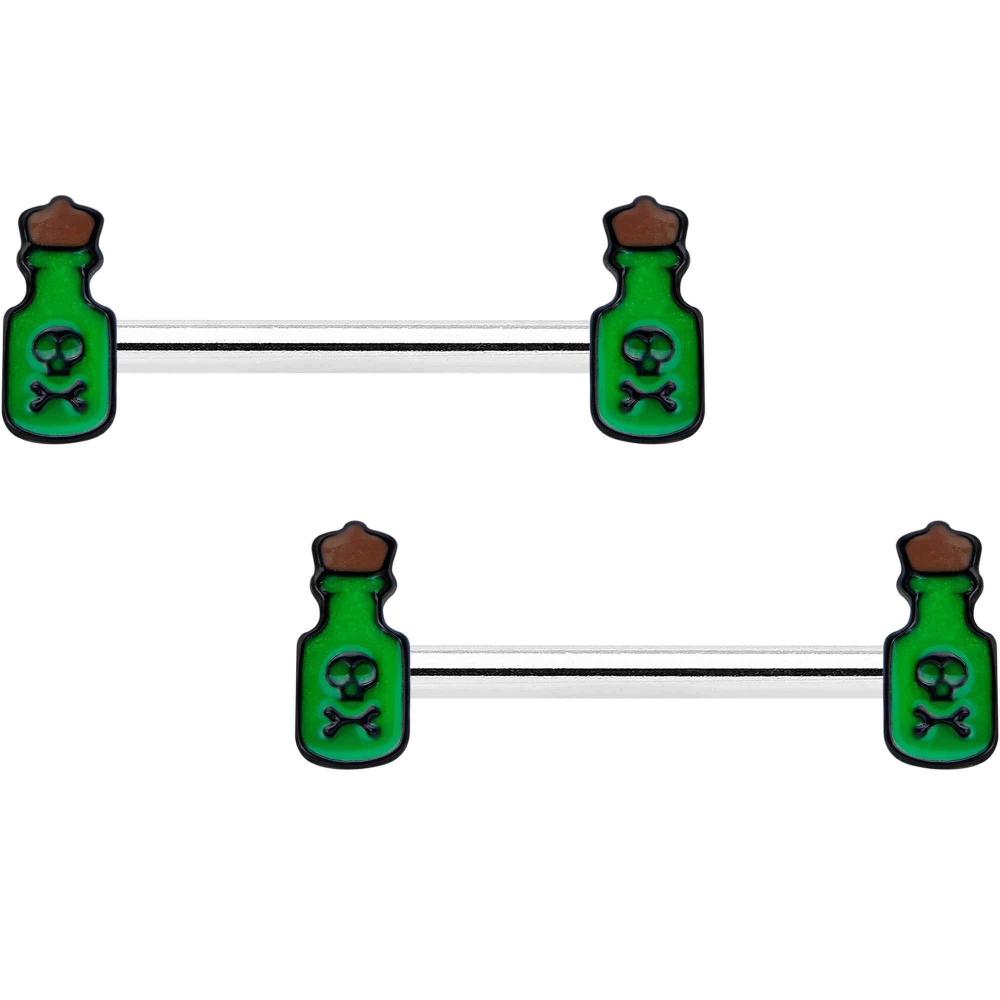 14G 9/16 Poison Green Bottle Glow in Dark Barbell Nipple Ring Set