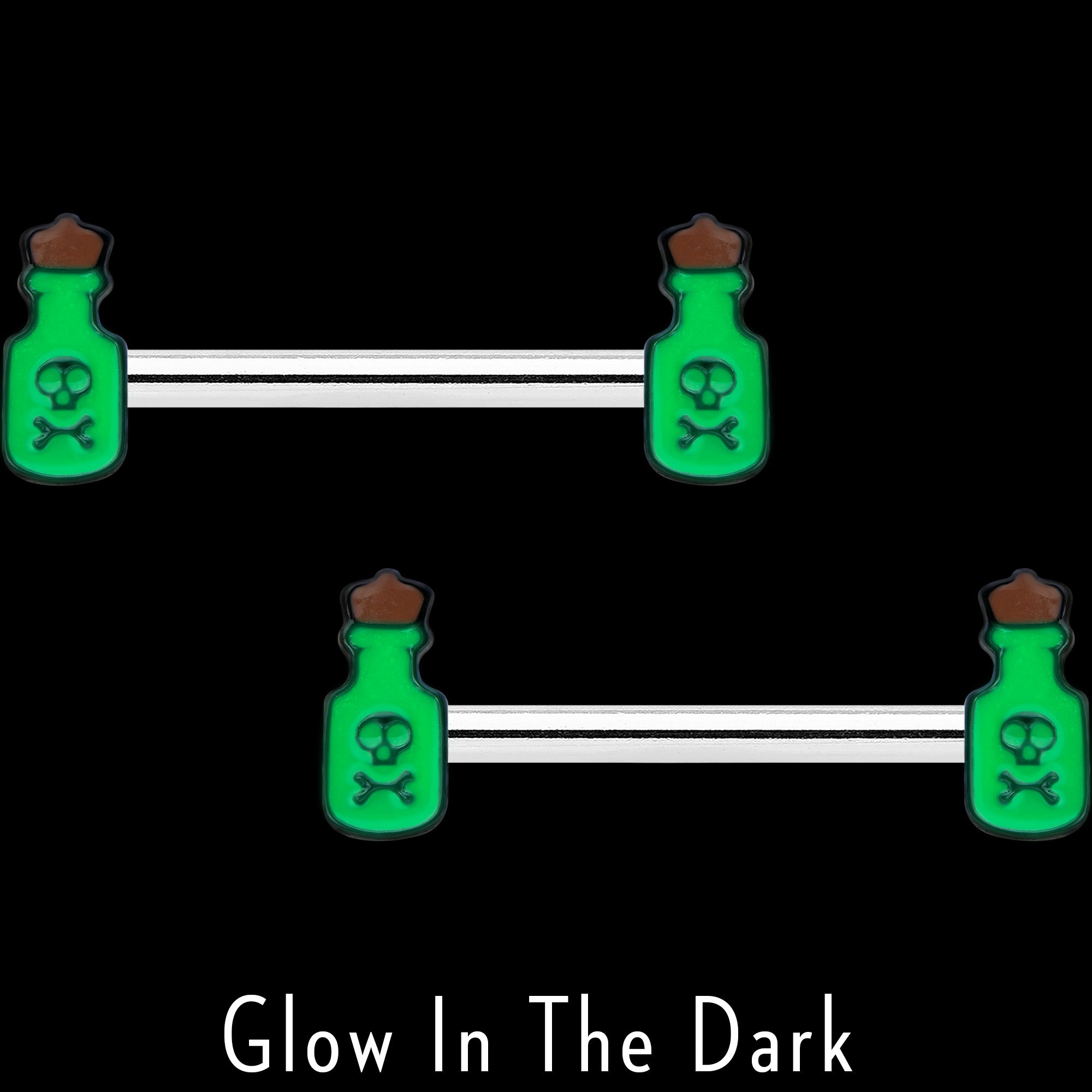 14G 9/16 Poison Green Bottle Glow in Dark Barbell Nipple Ring Set