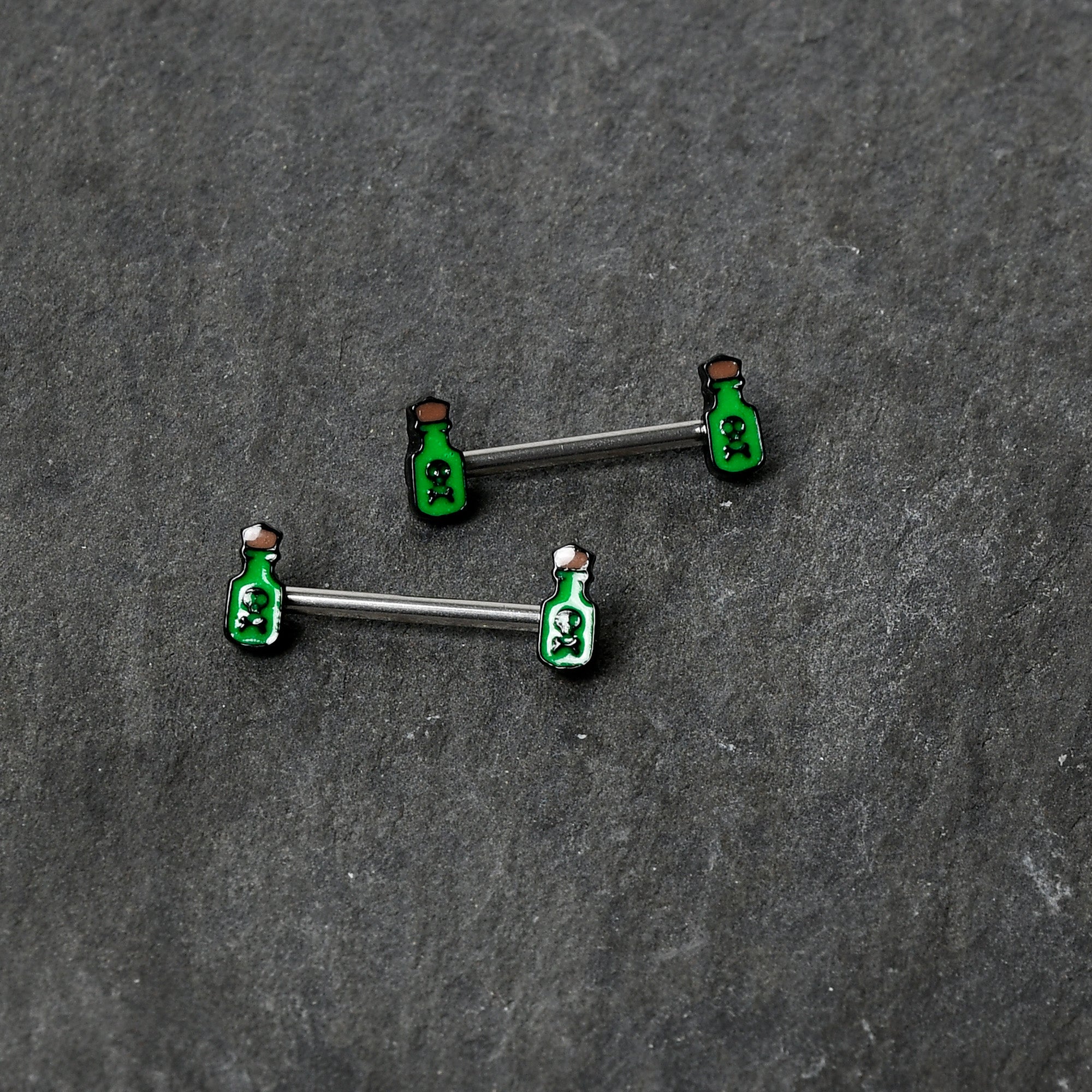 14G 9/16 Poison Green Bottle Glow in Dark Barbell Nipple Ring Set