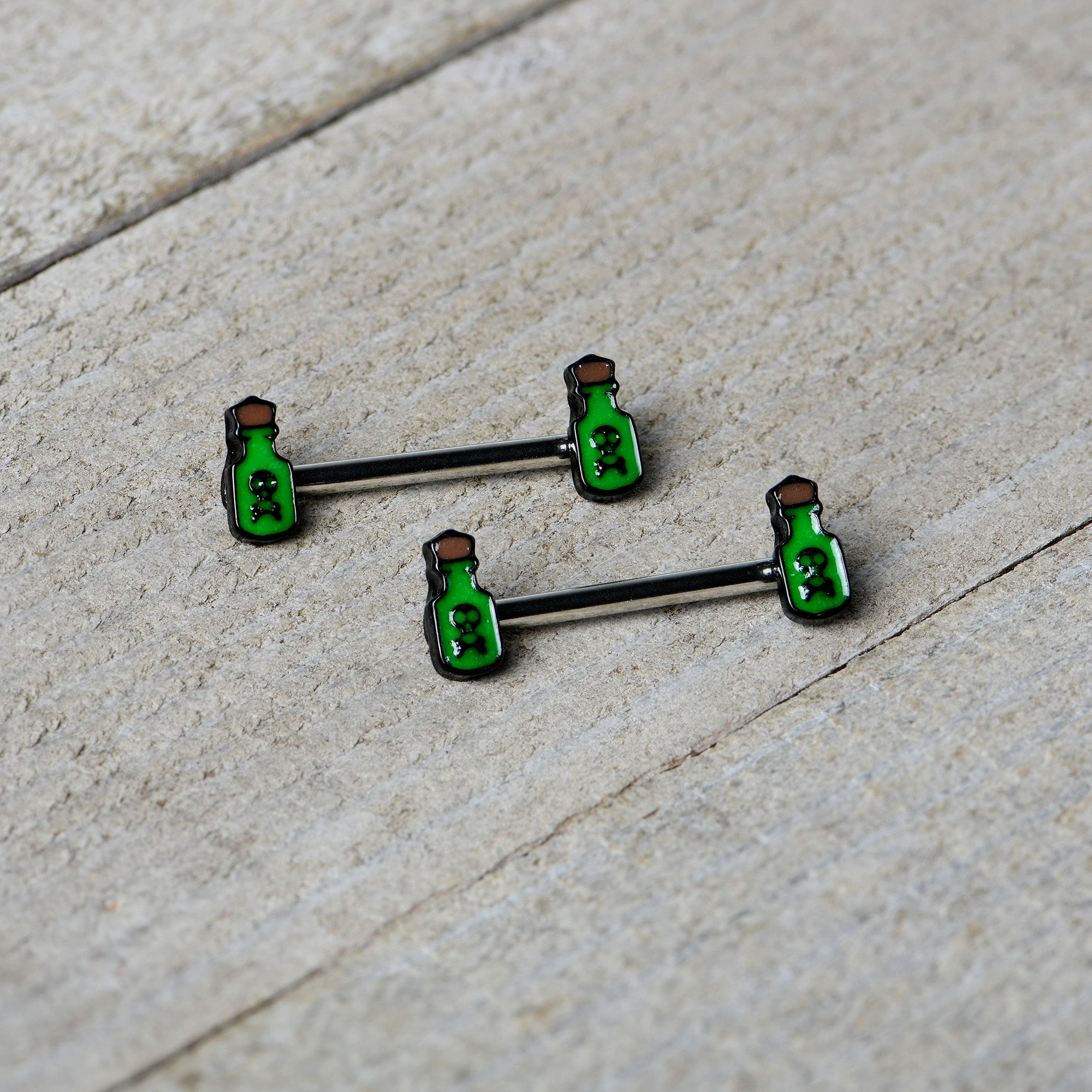 14G 9/16 Poison Green Bottle Glow in Dark Barbell Nipple Ring Set