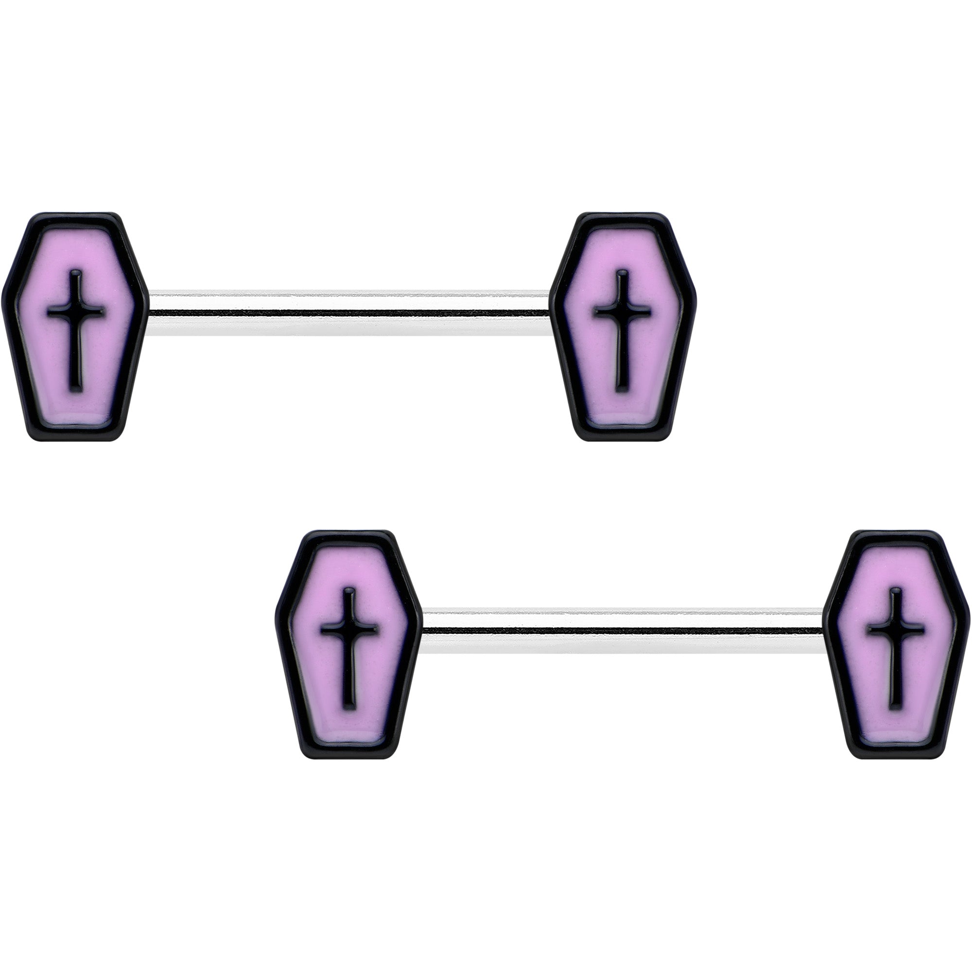 14G 9/16 Creepy Coffin Lt Purple Glow in the Dark Nipple Ring Set