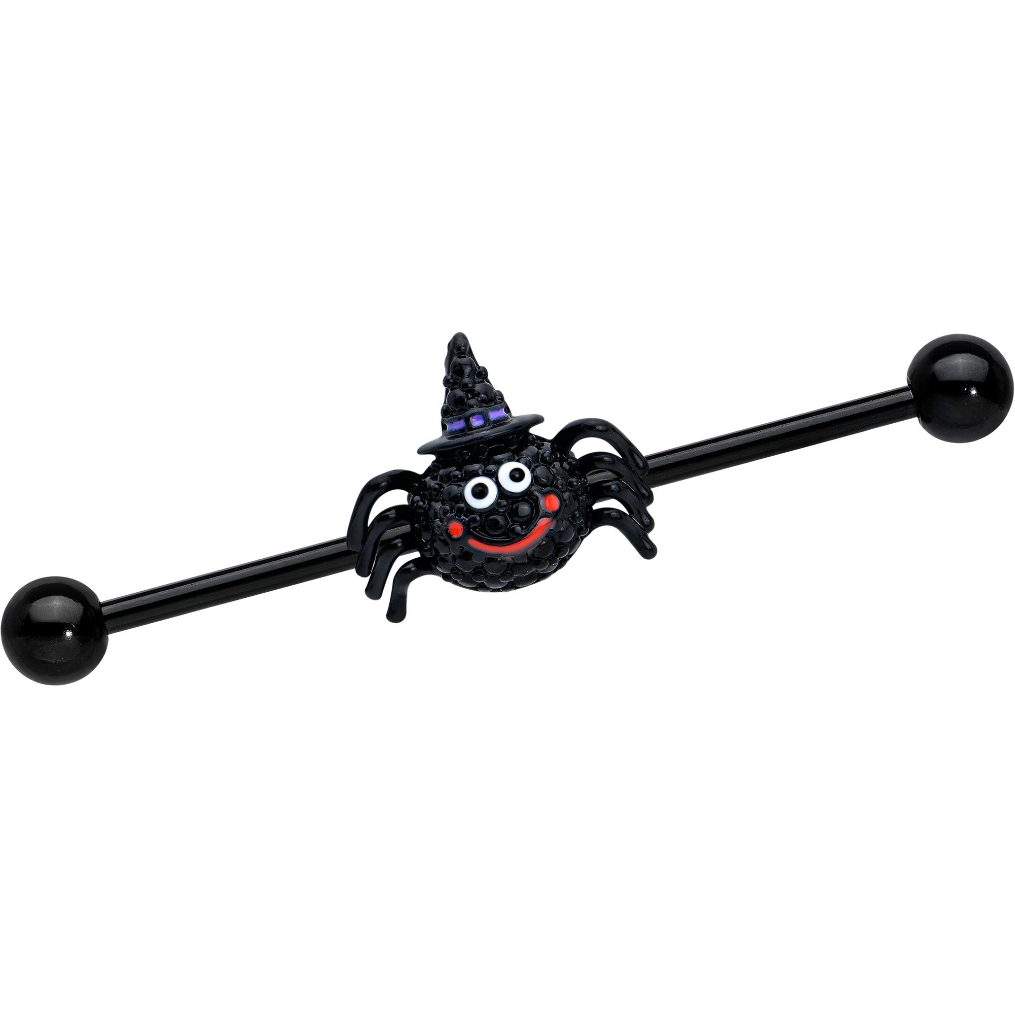 14G Black Halloween Smiling Witch Spider Industrial Barbell 38mm