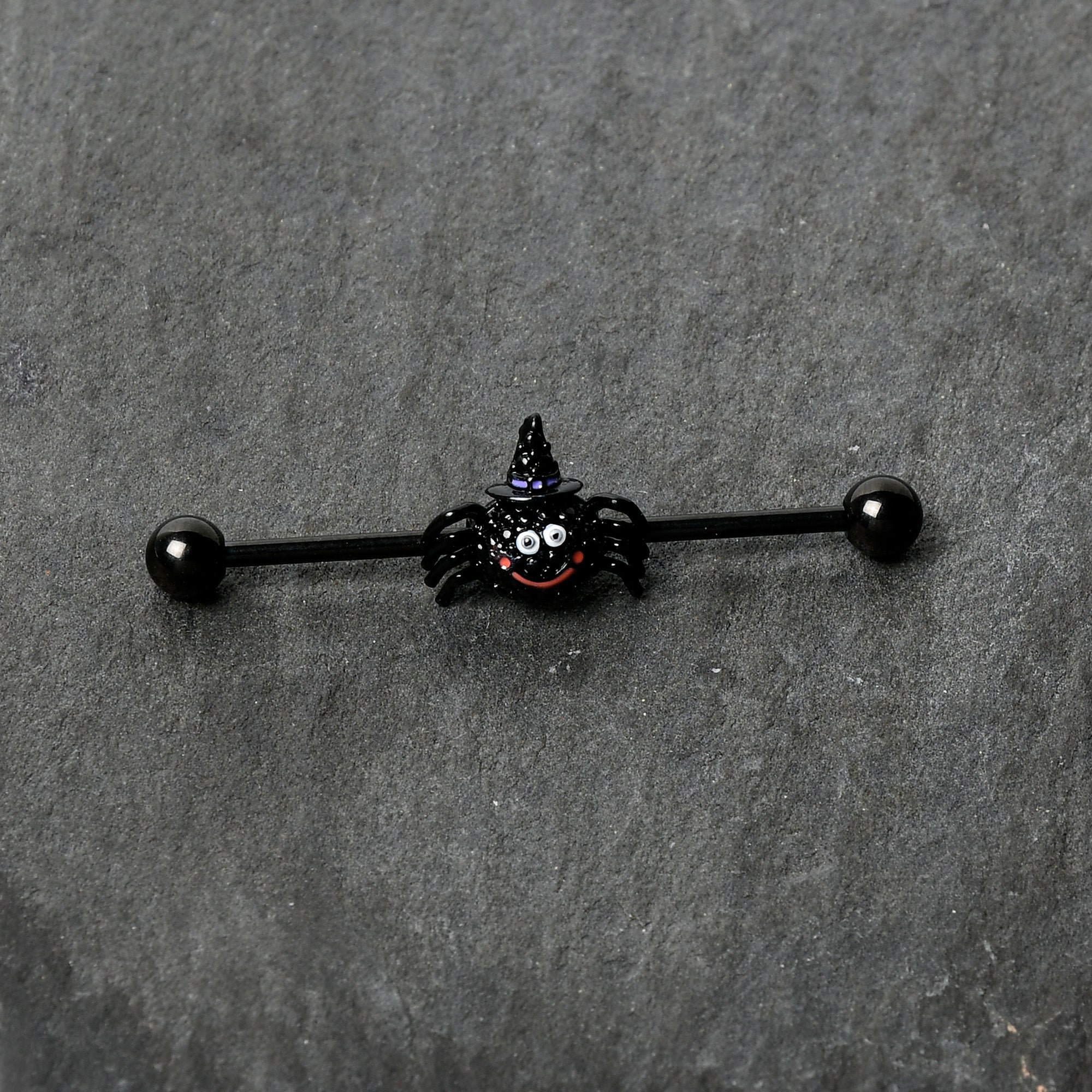14G Black Halloween Smiling Witch Spider Industrial Barbell 38mm