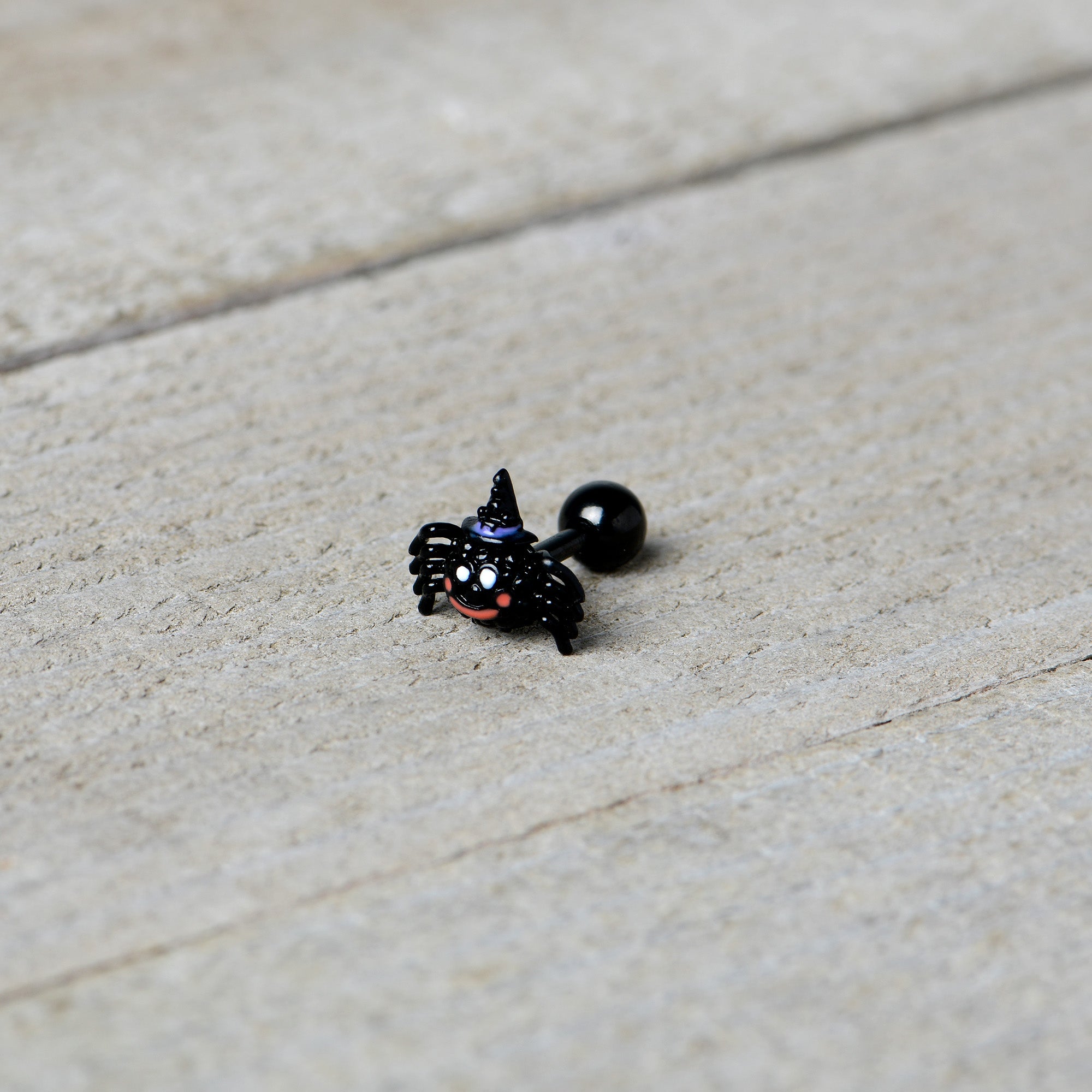 16G 1/4 Black Halloween Witchy Smiling Spider Cartilage Earring