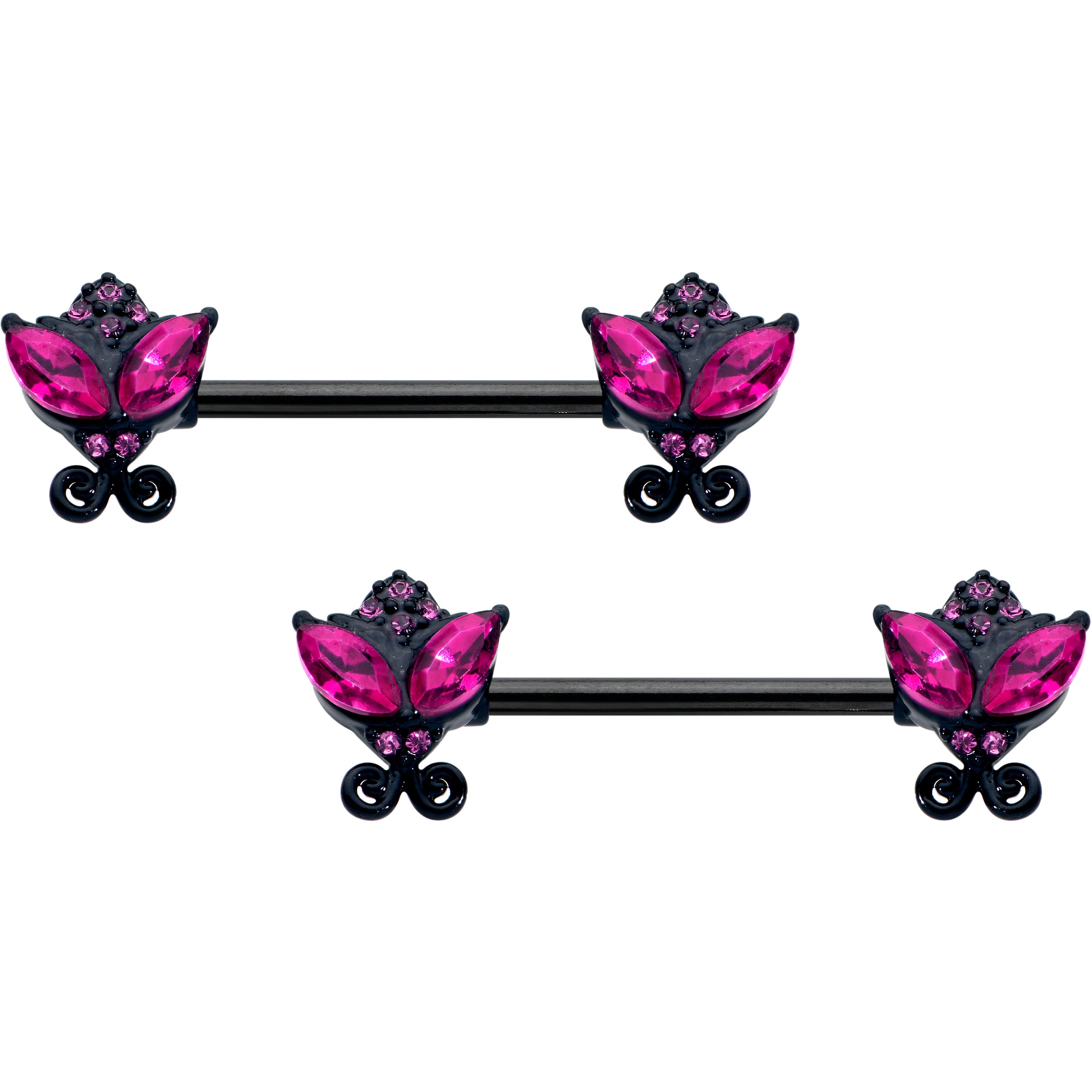 14G 9/16 Pink Gem Black Night Butterflies Barbell Nipple Ring Set