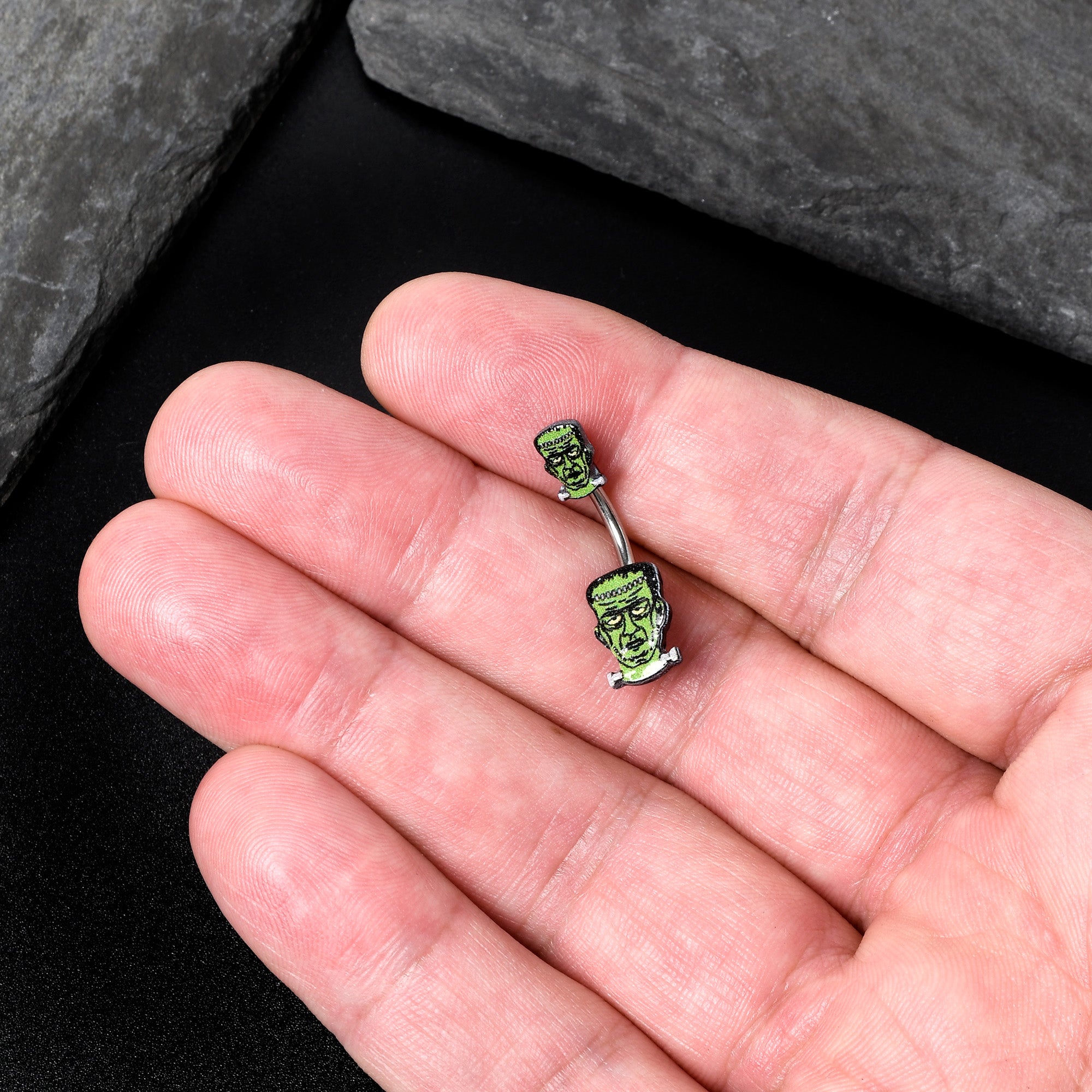Frankenstein Head Green Glow in the Dark Double Mount Belly Ring