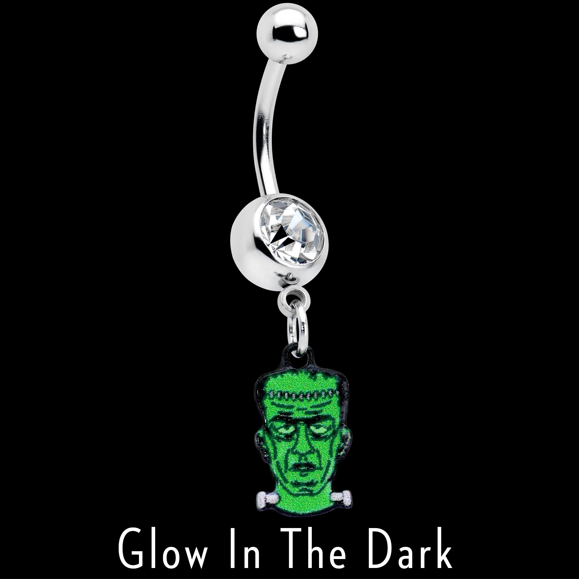 Clear Gem Frankenstein Head Green Glow in the Dark Dangle Belly Ring