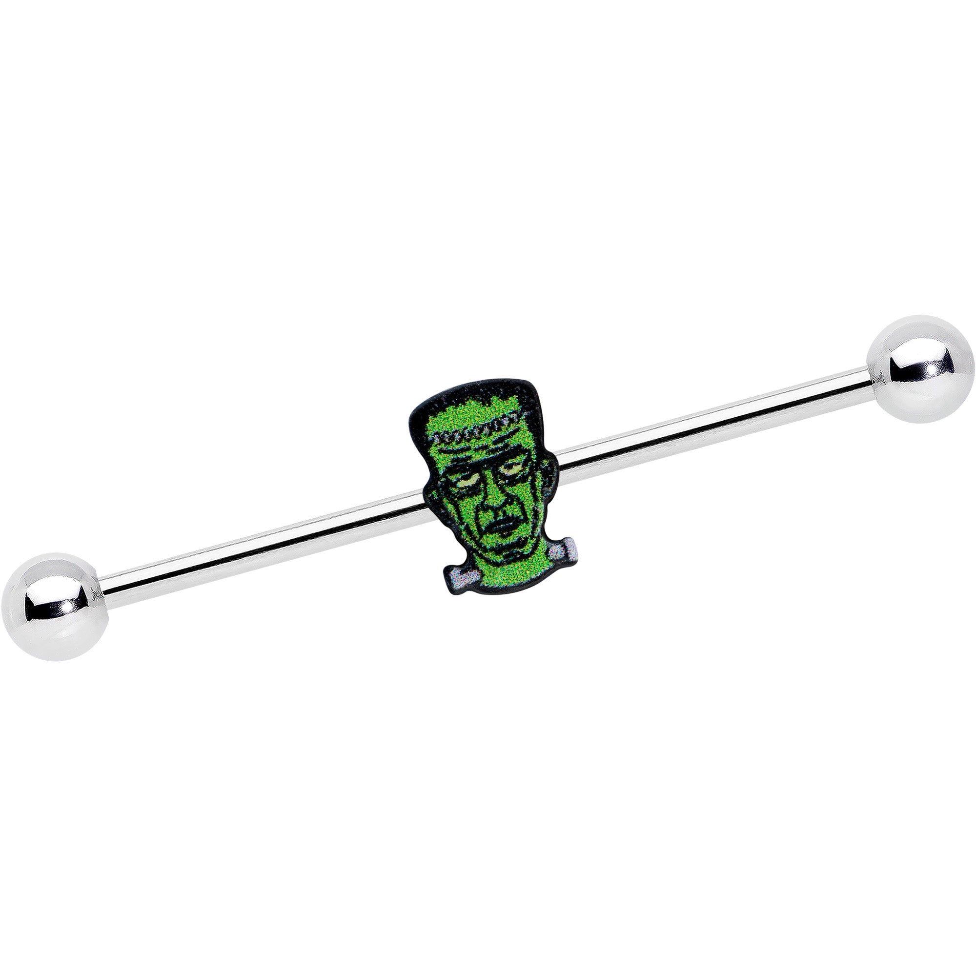 14G Frankenstein Head Green Glow in Dark Industrial Barbell 38mm