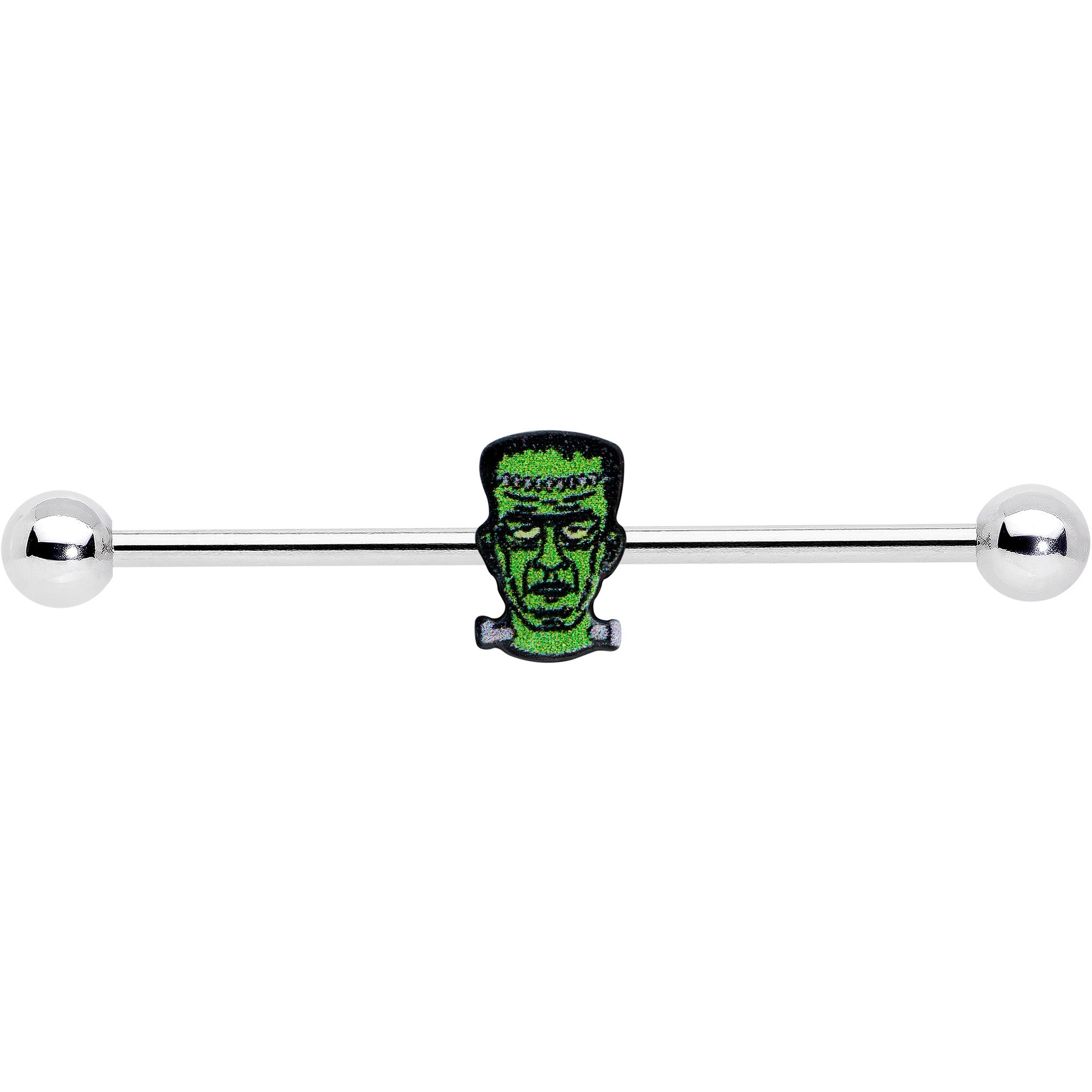 14G Frankenstein Head Green Glow in Dark Industrial Barbell 38mm