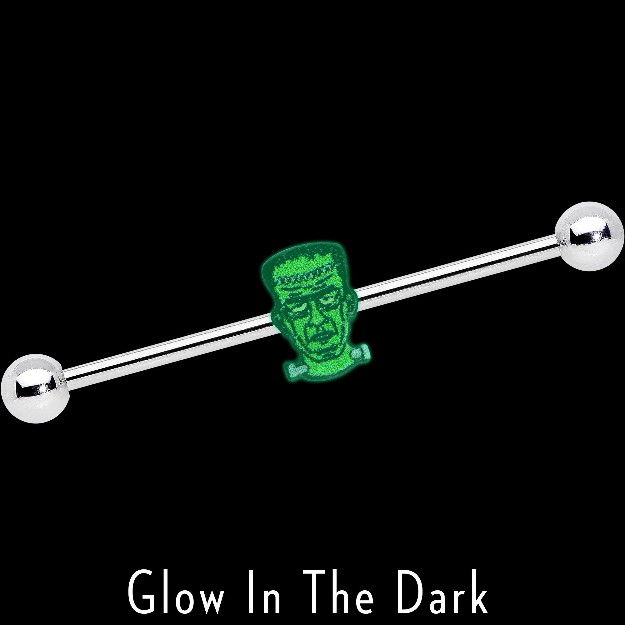 14G Frankenstein Head Green Glow in Dark Industrial Barbell 38mm