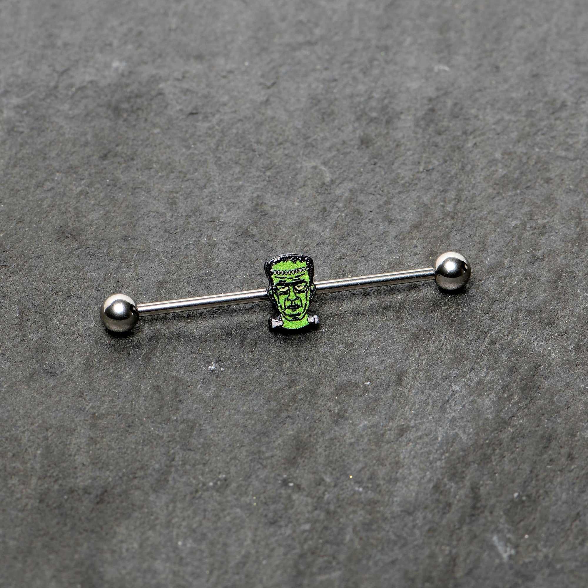 14G Frankenstein Head Green Glow in Dark Industrial Barbell 38mm
