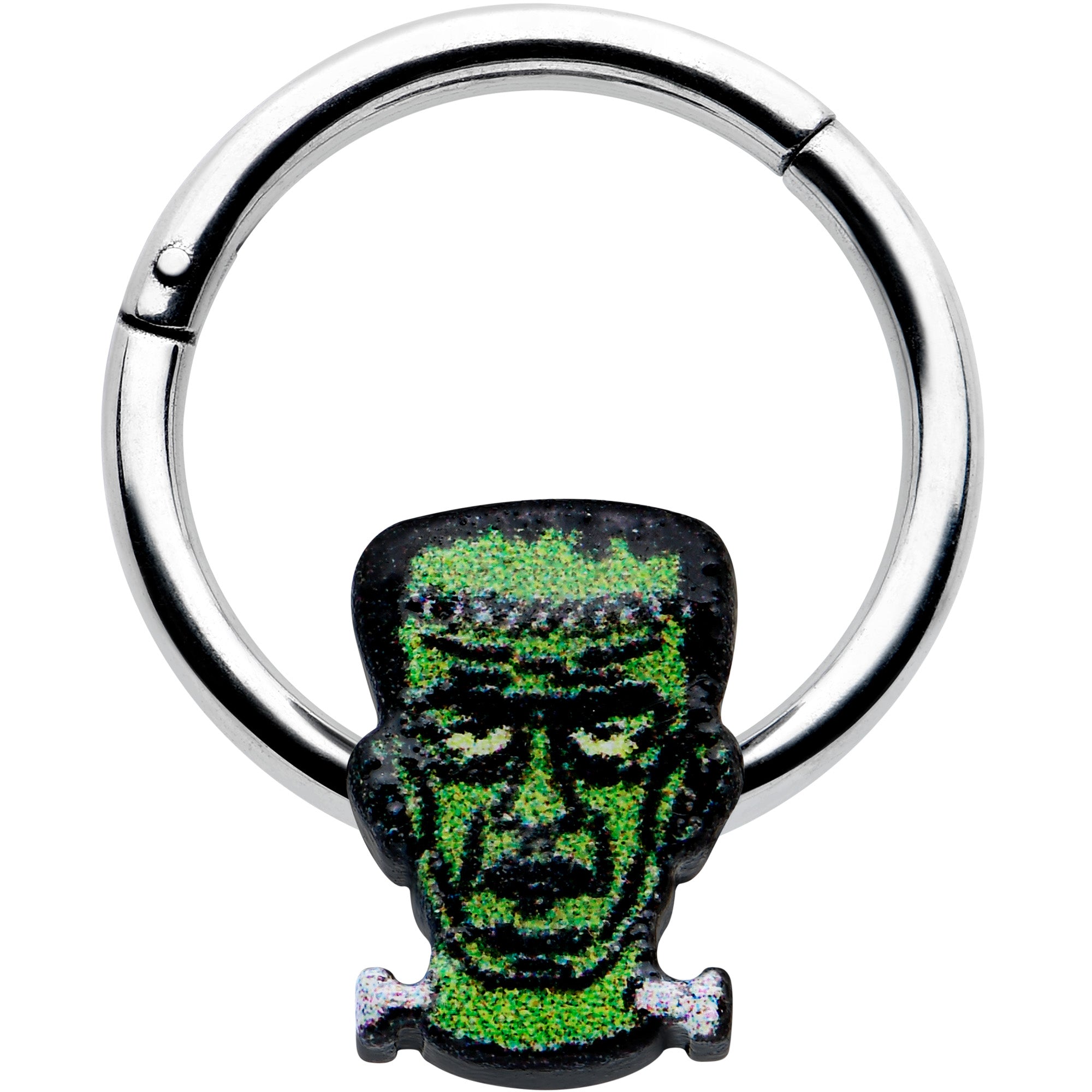 16G 3/8 Frankenstein Head Green Glow in Dark Hinged Segment Ring