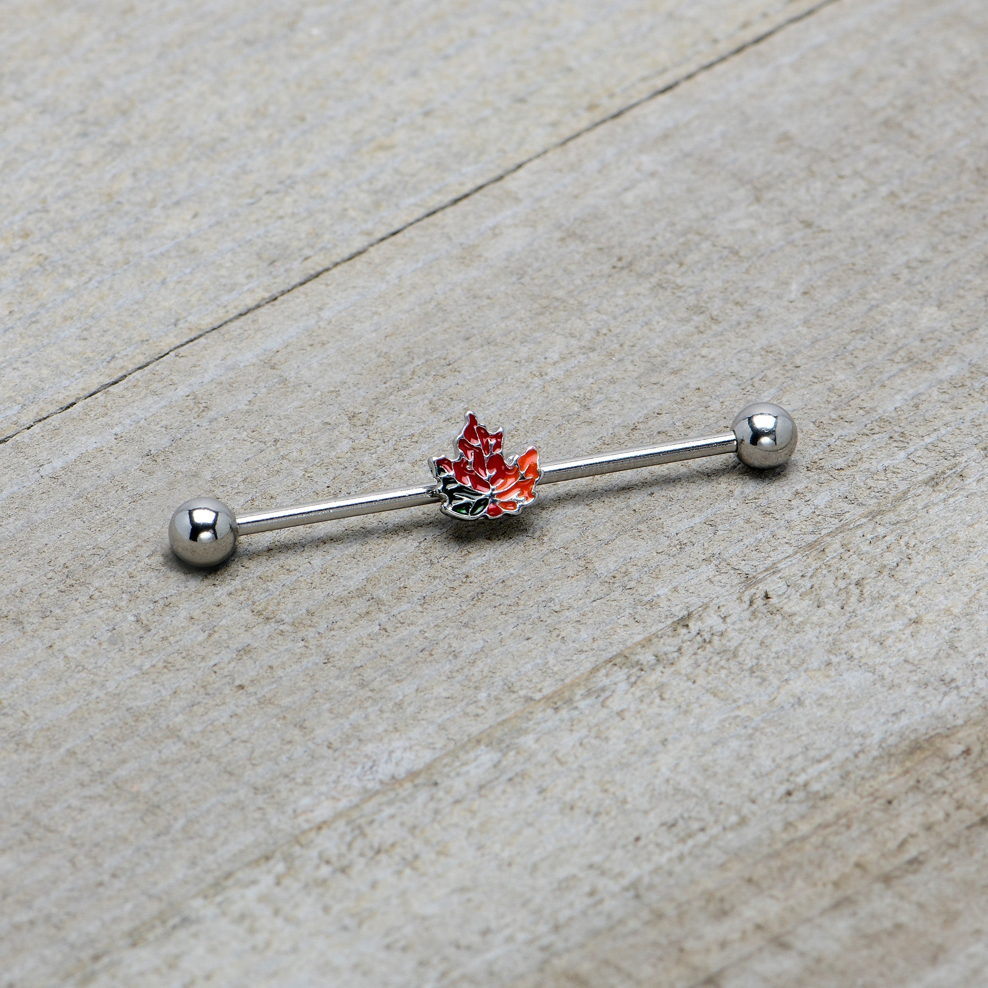 14G Autumn Tricolor Red Maple Leaf Industrial Barbell 38mm