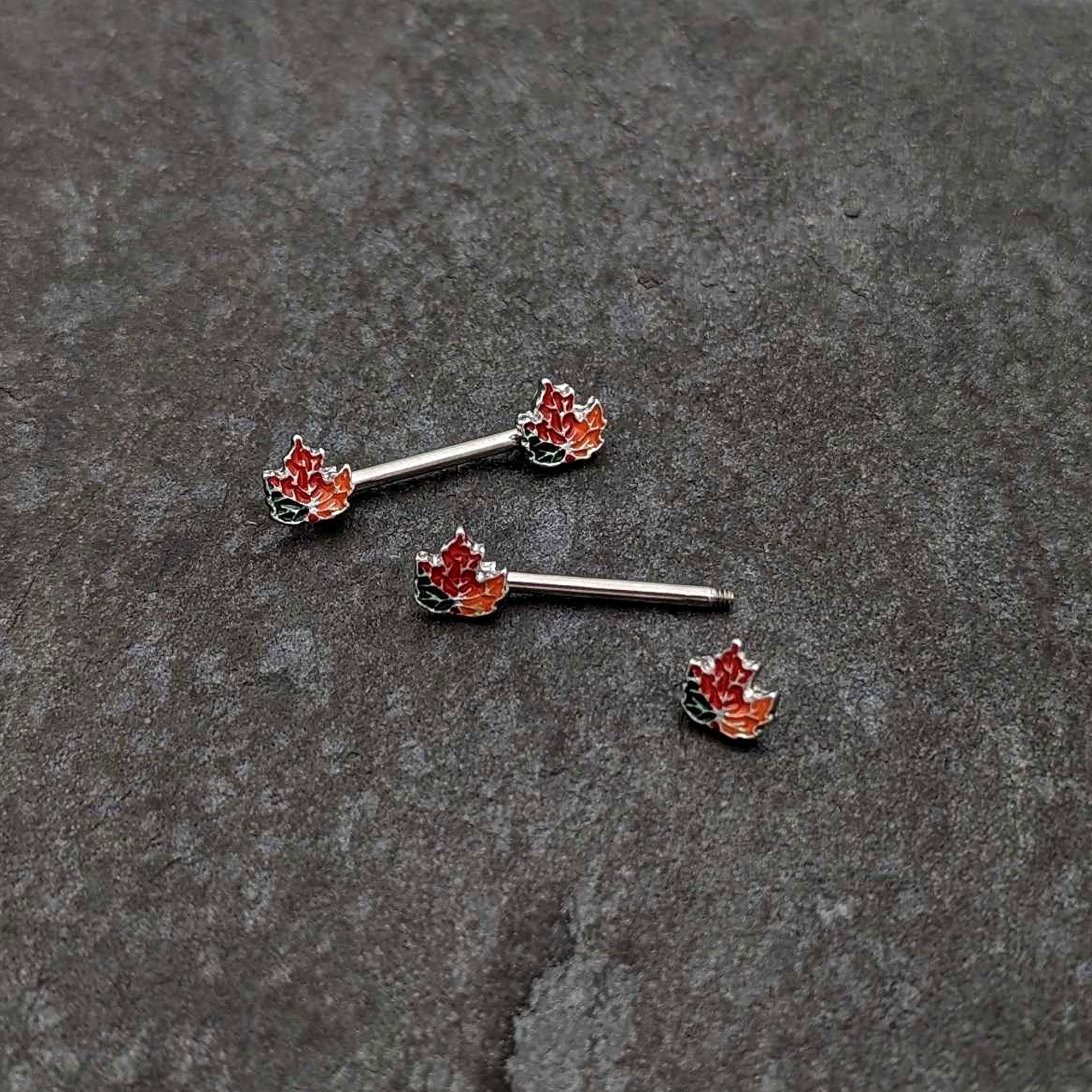 14G 9/16 Autumn Tricolor Maple Leaf Barbell Nipple Ring Set