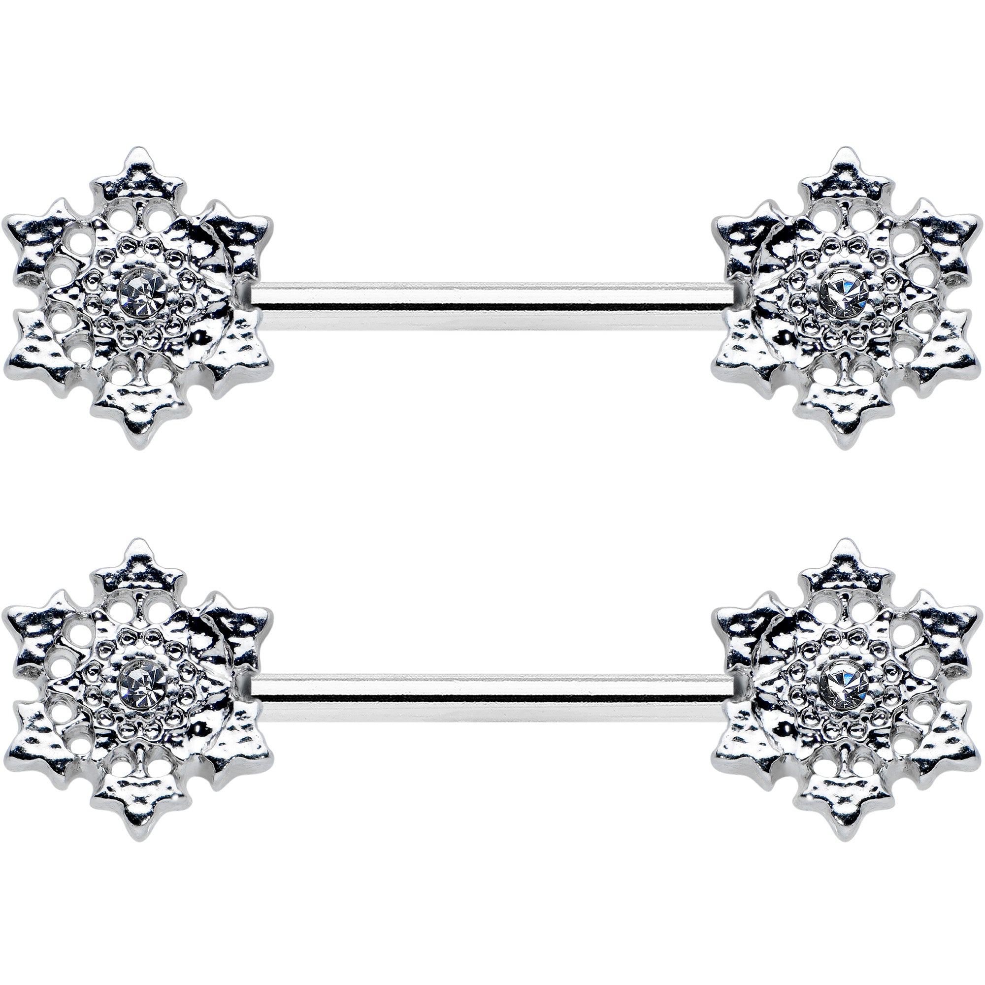 14G 9/16 Clear Gem Filigree Winter Snowflake Nipple Ring Set