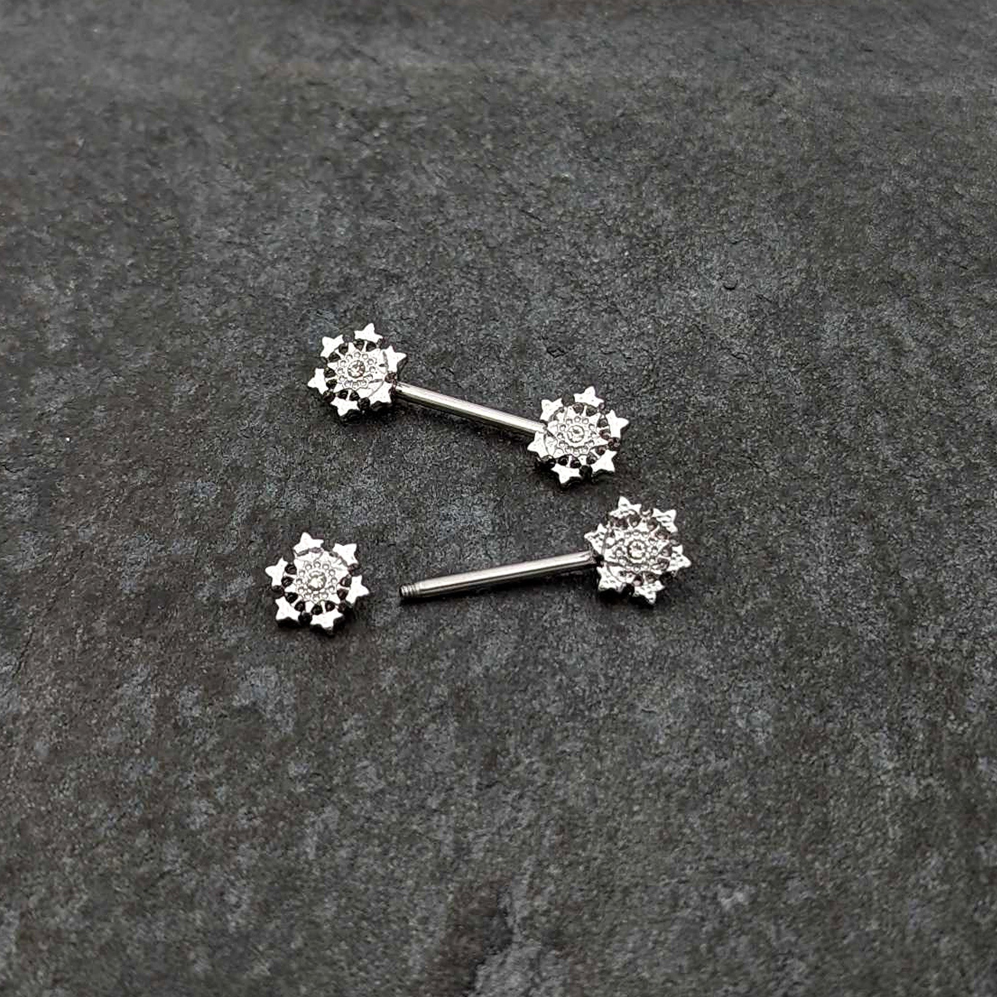 14G 9/16 Clear Gem Filigree Winter Snowflake Nipple Ring Set