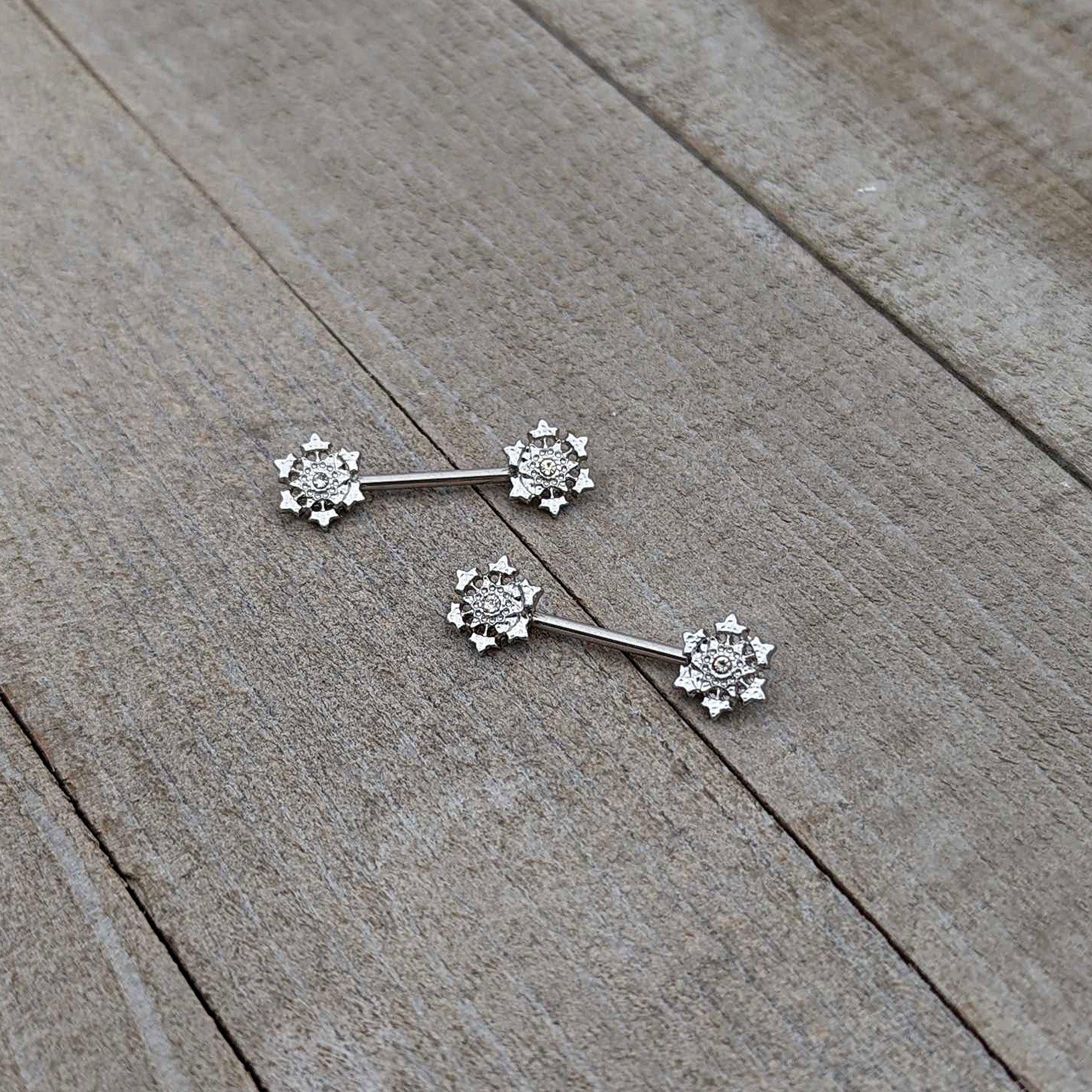 14G 9/16 Clear Gem Filigree Winter Snowflake Nipple Ring Set