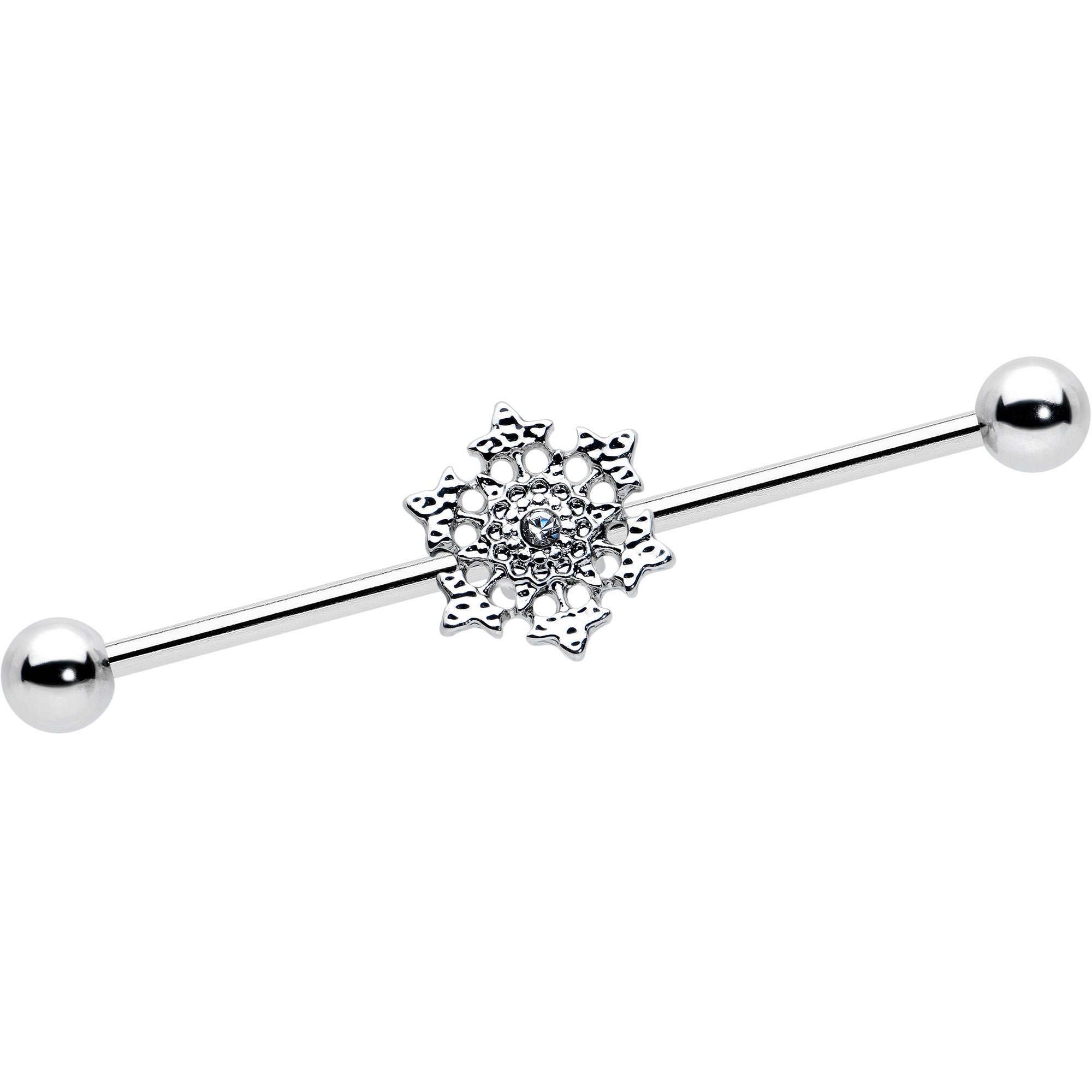 14G Clear Gem Filigree Winter Snowflake Industrial Barbell 38mm