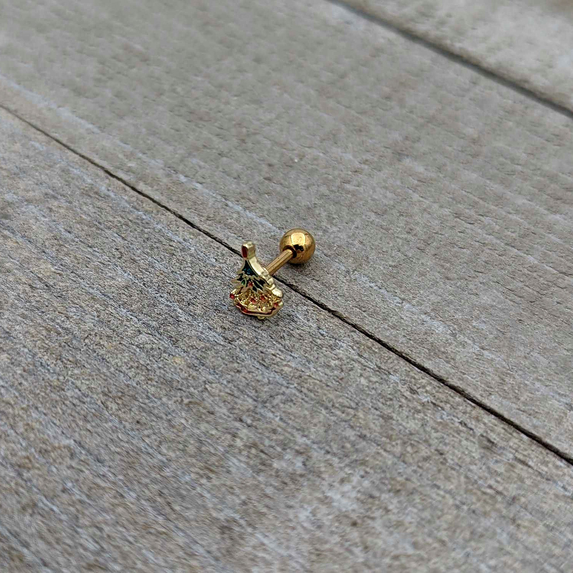 16G 1/4 Red Gem Gold Tone Deco Holiday Tree Cartilage Earring