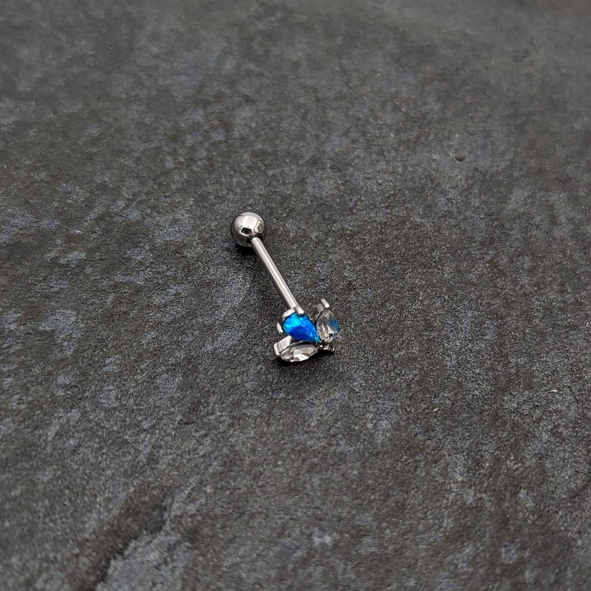 Blue Synthetic Opal Style Flower Barbell Tongue Ring