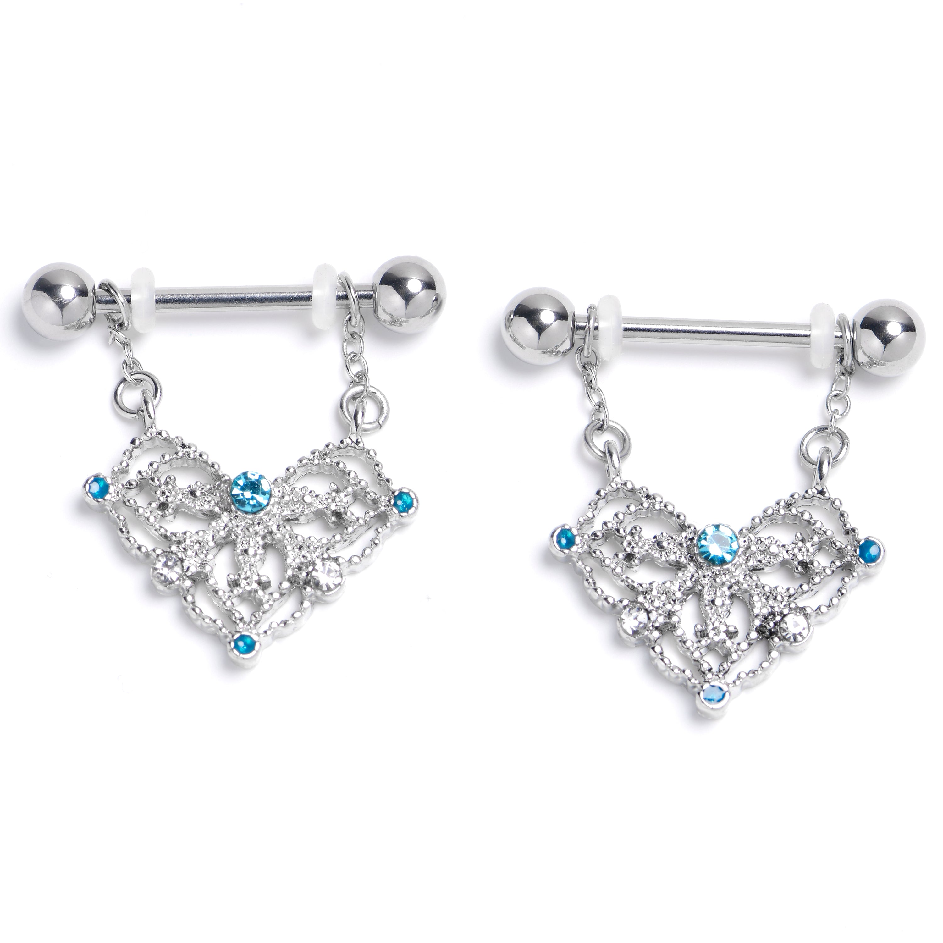 14G 9/16 Blue Gem Lacy Rhombus Chain Dangle Nipple Ring Set