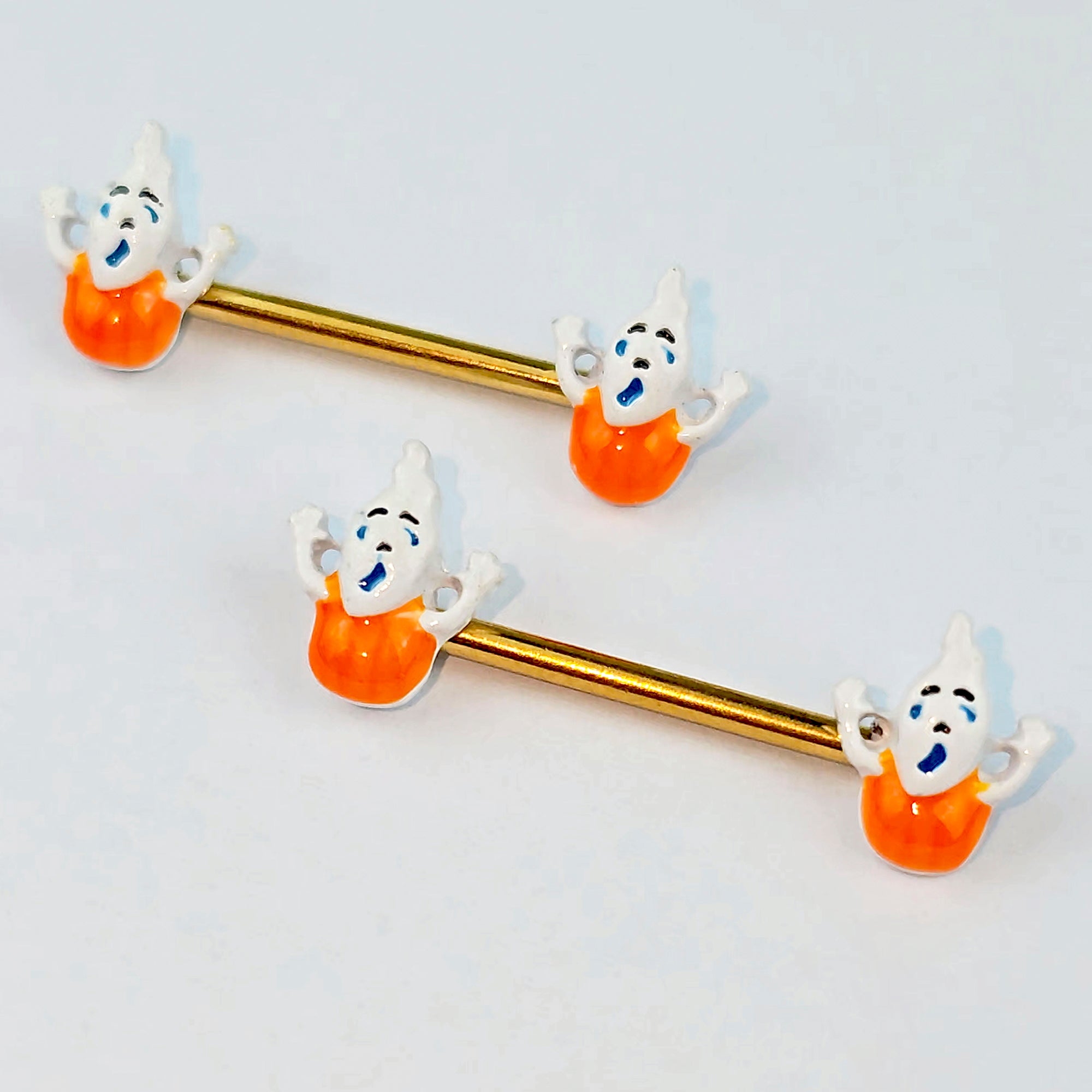 14G 9/16 Gold Tone Pumpkin Haunter Ghost Barbell Nipple Ring Set