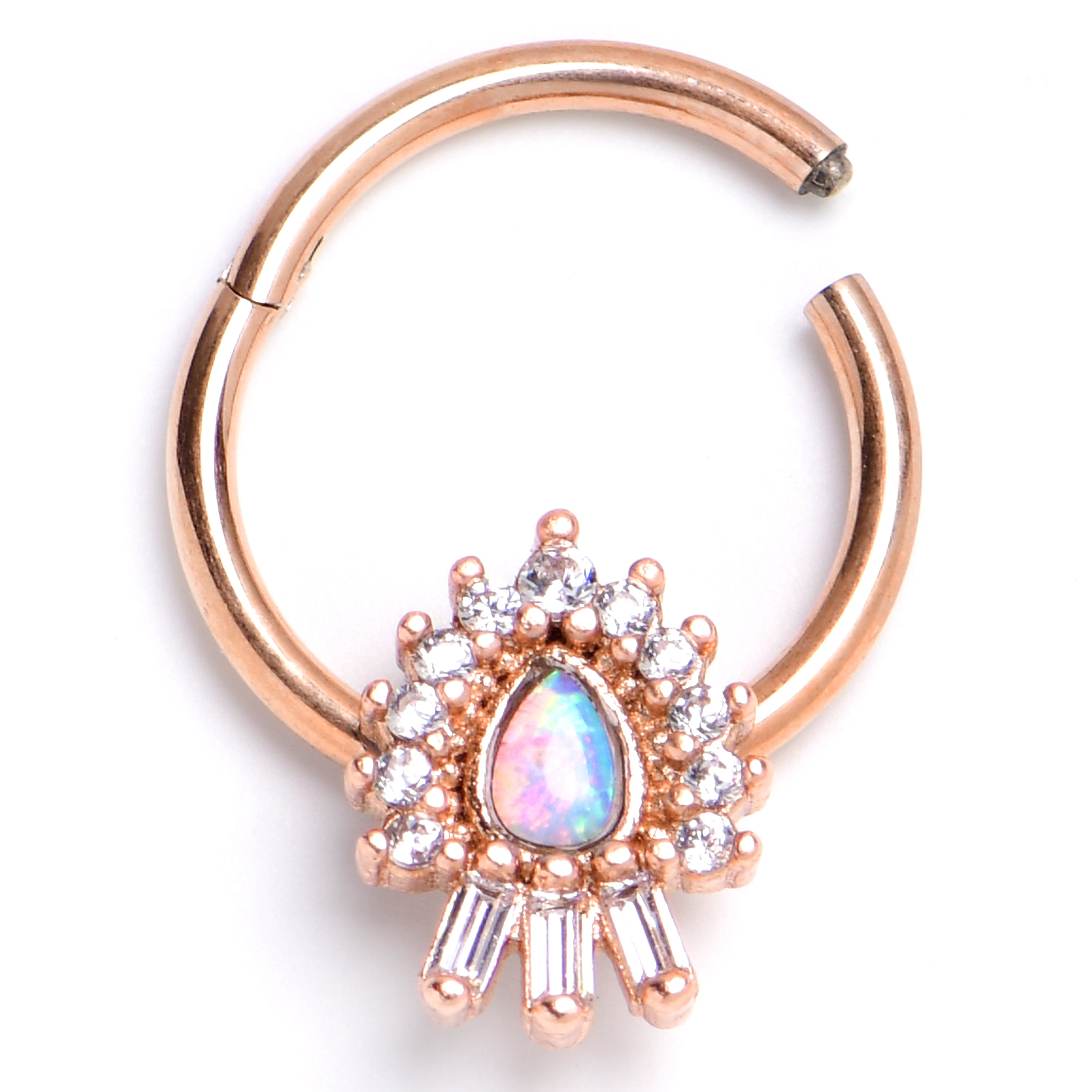 16G 3/8 White Synthetic Opal Rose Gold Tone Swank Hinged Segment Ring