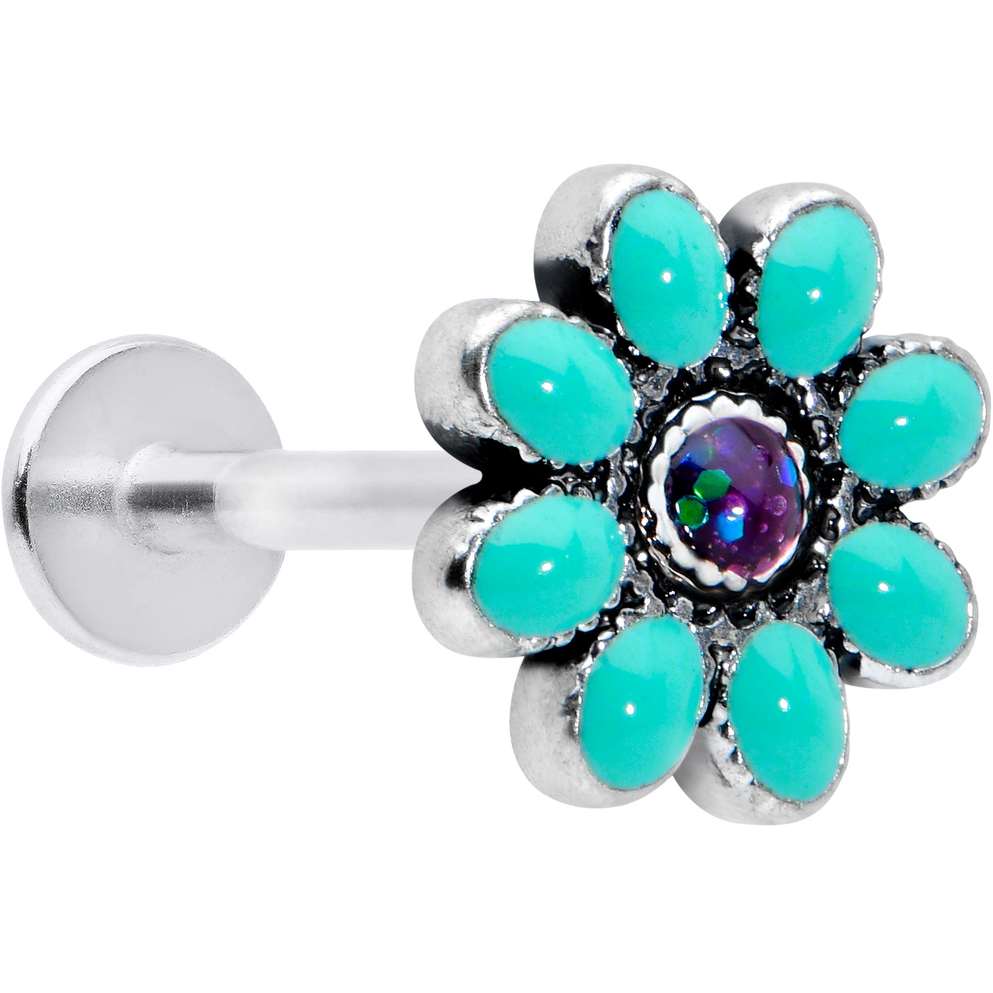 16G 5/16 Blue Gem Flower Teal Petals Labret Monroe Tragus