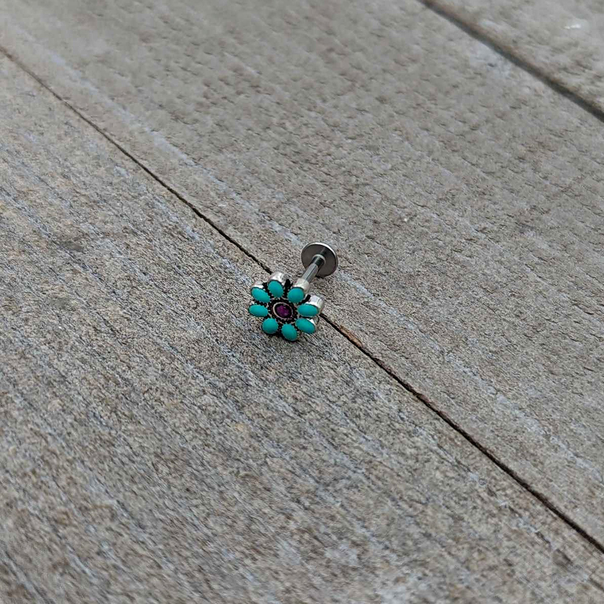 16G 5/16 Blue Gem Flower Teal Petals Labret Monroe Tragus